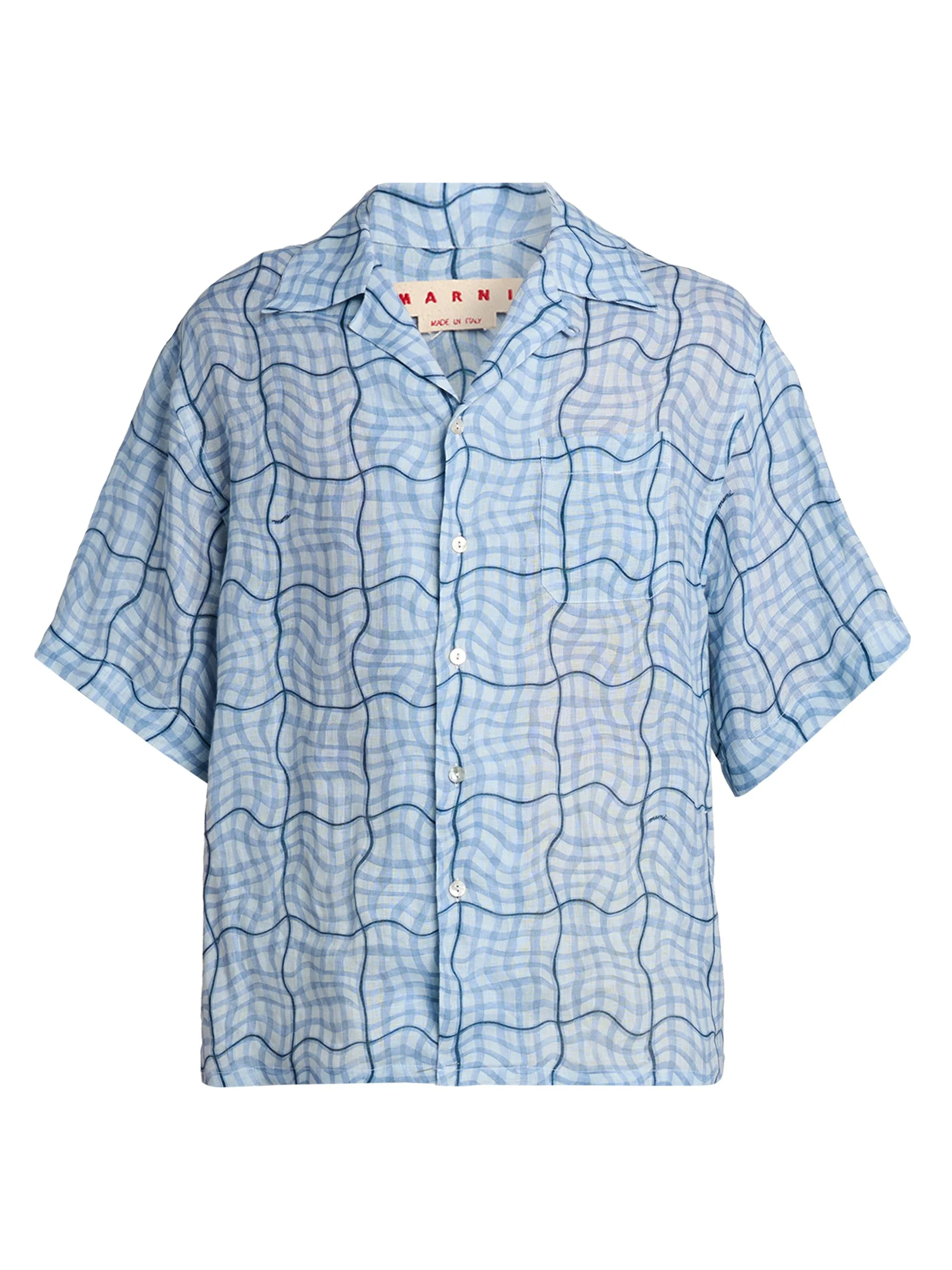 Men's Wavy Check Linen Button-Front Shirt - Light Blue - 1
