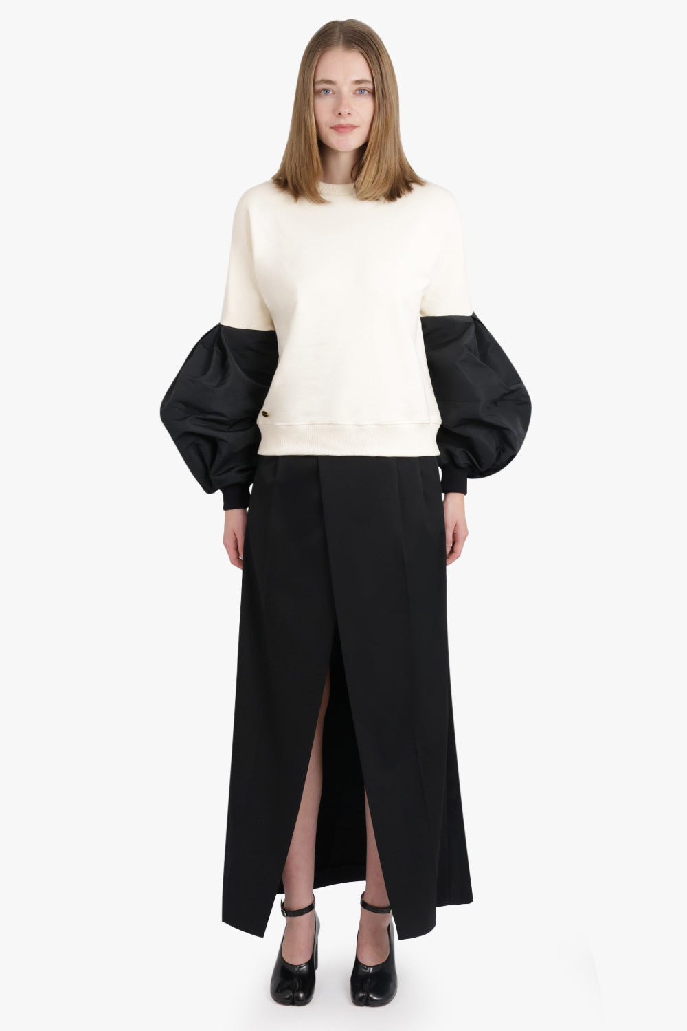CREWNECK L/S SWEATSHIRT WITH BALLOON SLEEVES | CREAM/BLACK - 3