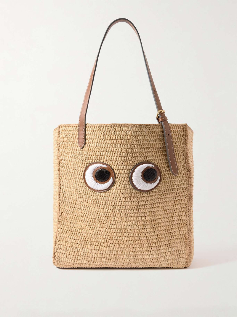N/S appliquéd leather-trimmed raffia tote - 1