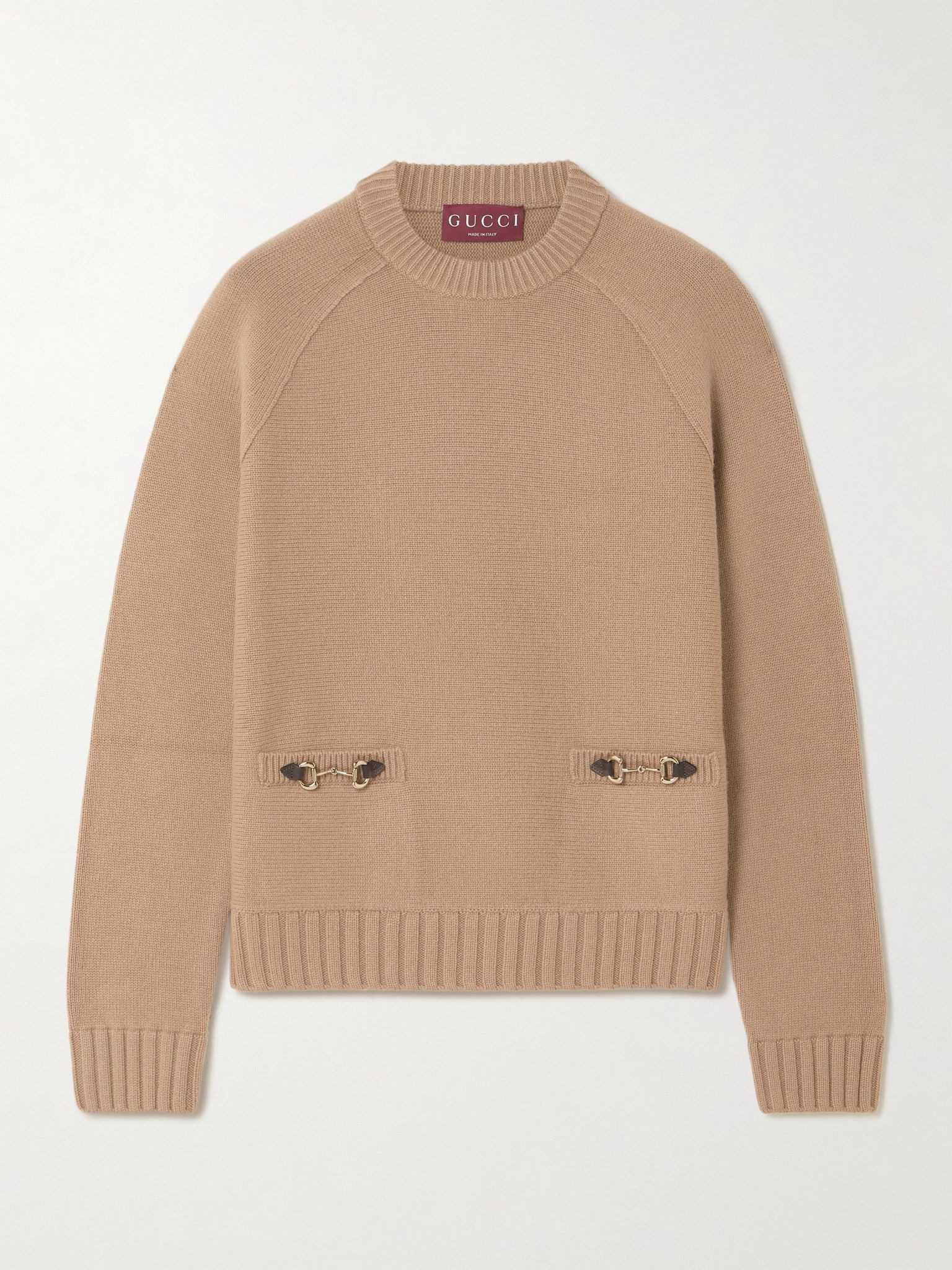 Horsebit-embellished leather-trimmed wool and cashmere-blend sweater Brown - 1