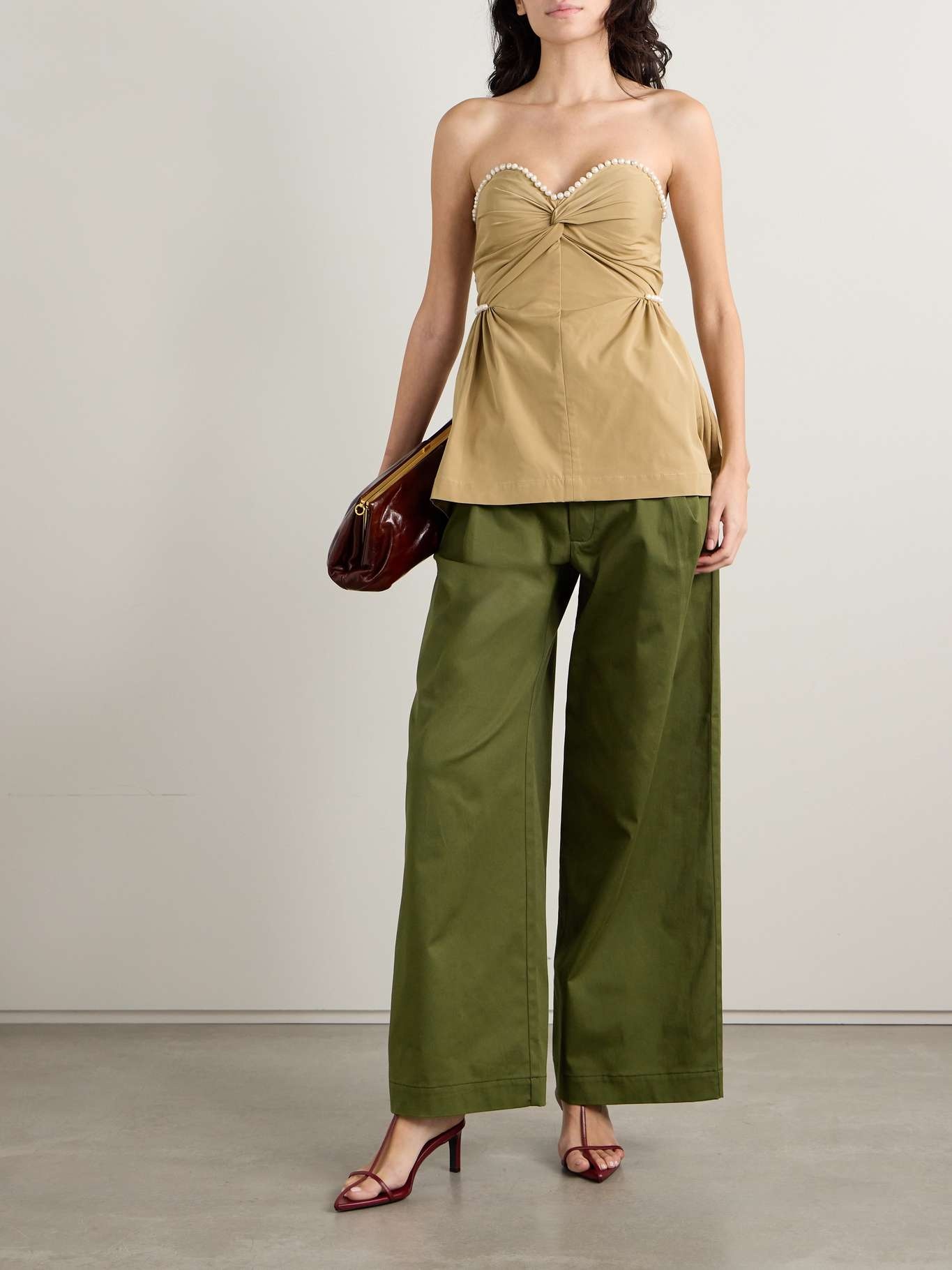 Olympe pleated cotton-blend wide-leg pants Green - 2