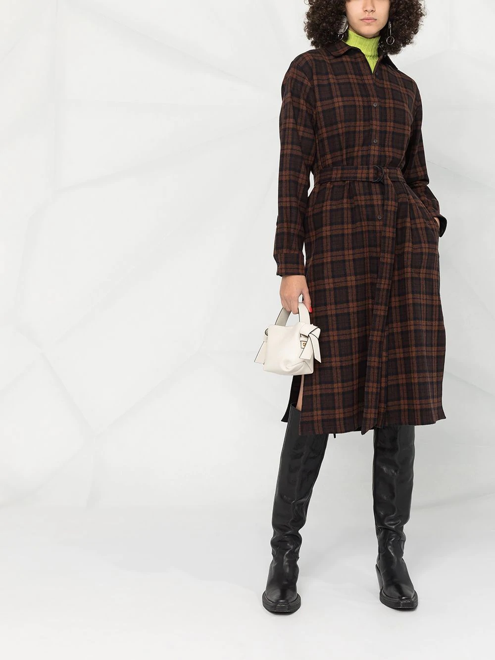 checked belted long-sleeve dress - 2