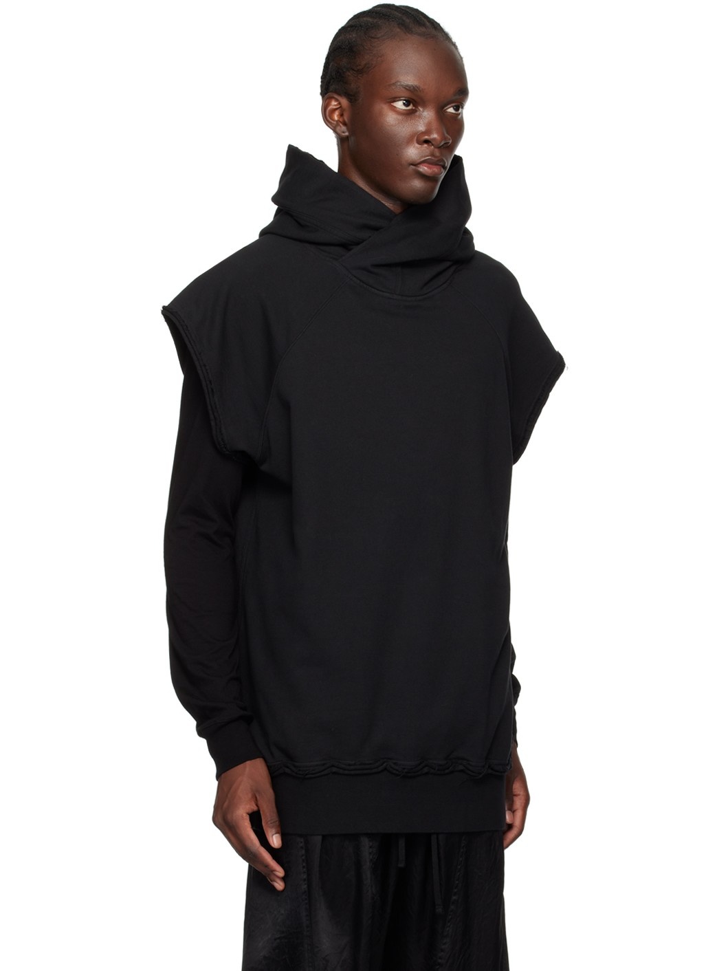 Black Cotton Raw Edge Hoodie - 2