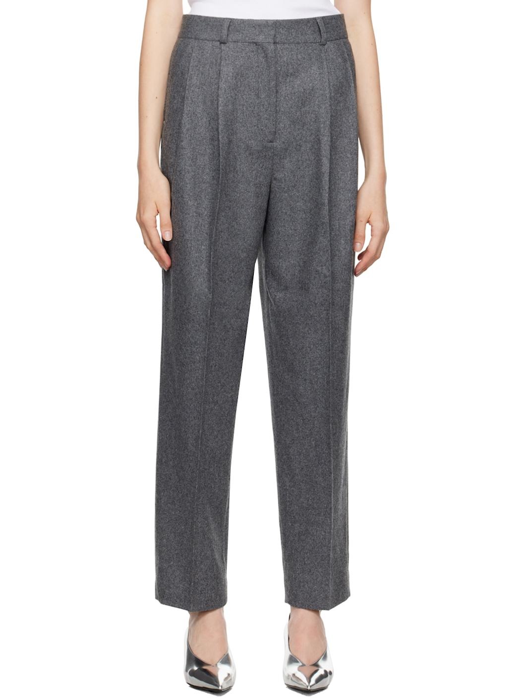 Gray Double-Pleated Tailored Trousers - 1