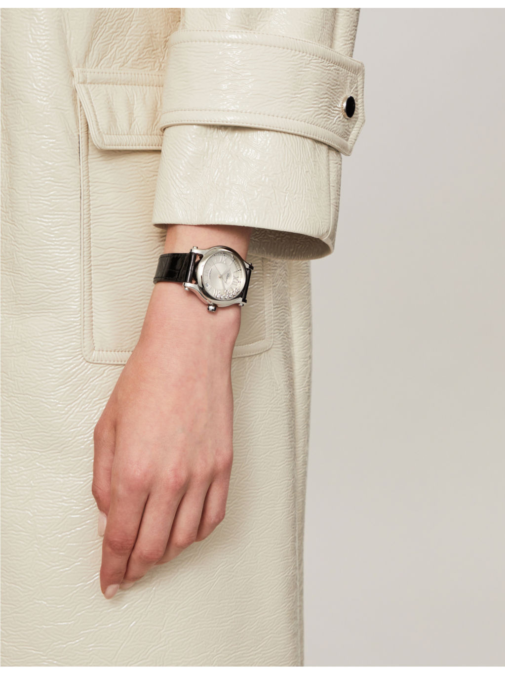Happy Sport Medium stainless steel, diamond and croc-embossed leather watch - 2