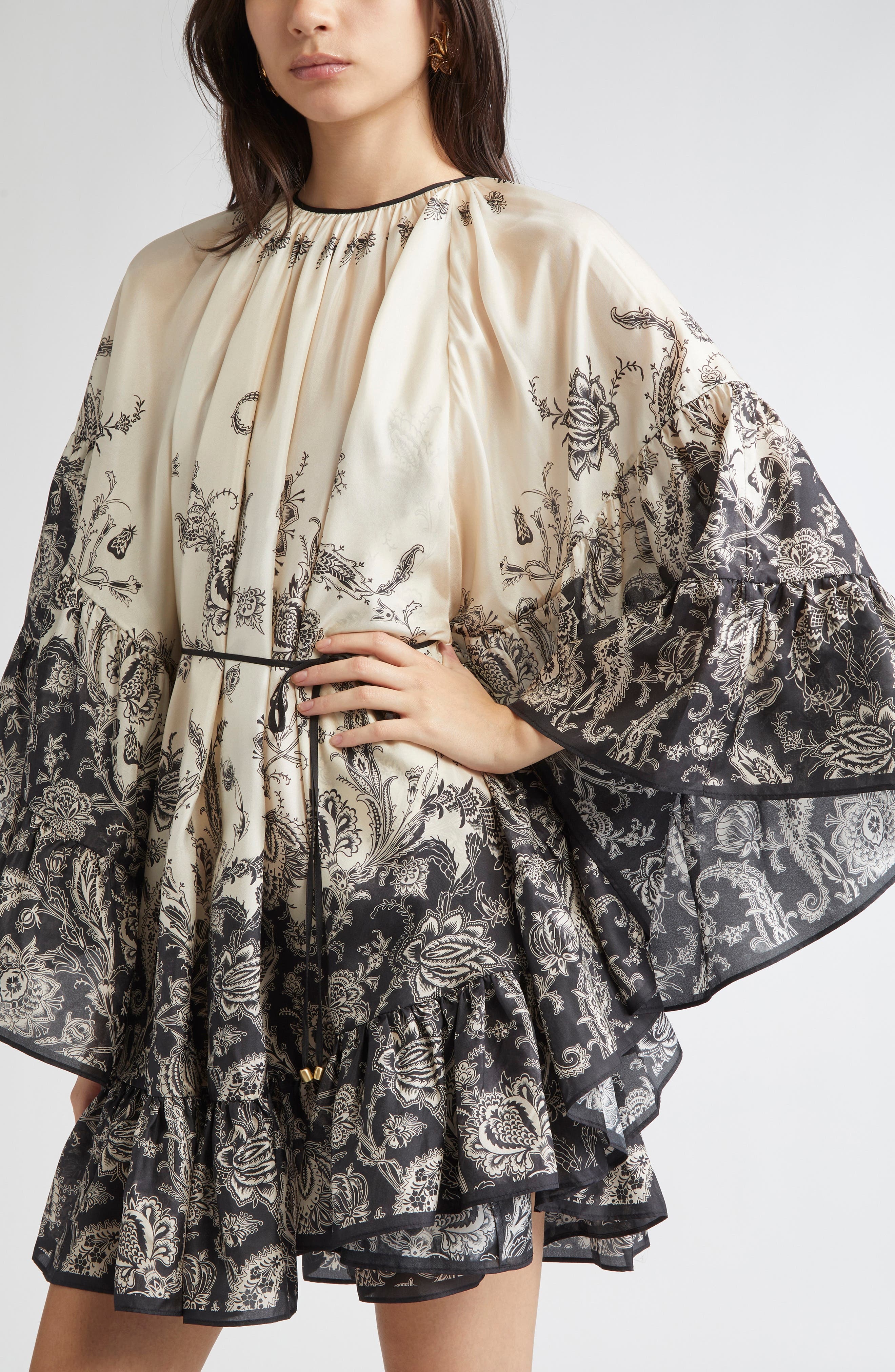 Zimmermann Rhiannon Long Sleeve Silk Habutai Lantern Minidress in Cream/Black Floral at Nordstrom - 4