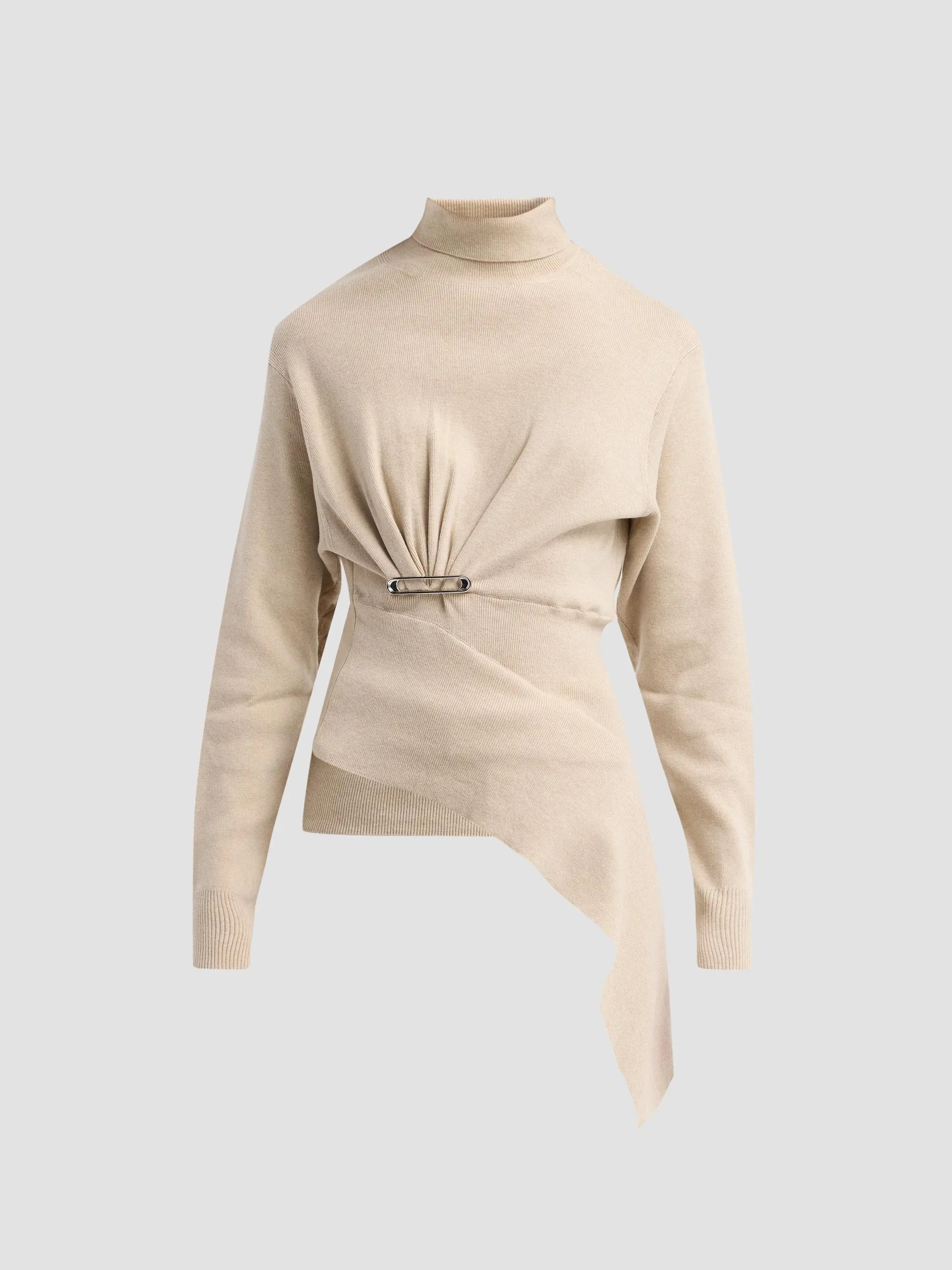 Women's Asymmetric Draped Safety Pin Turtleneck Sweater - Moon - 1