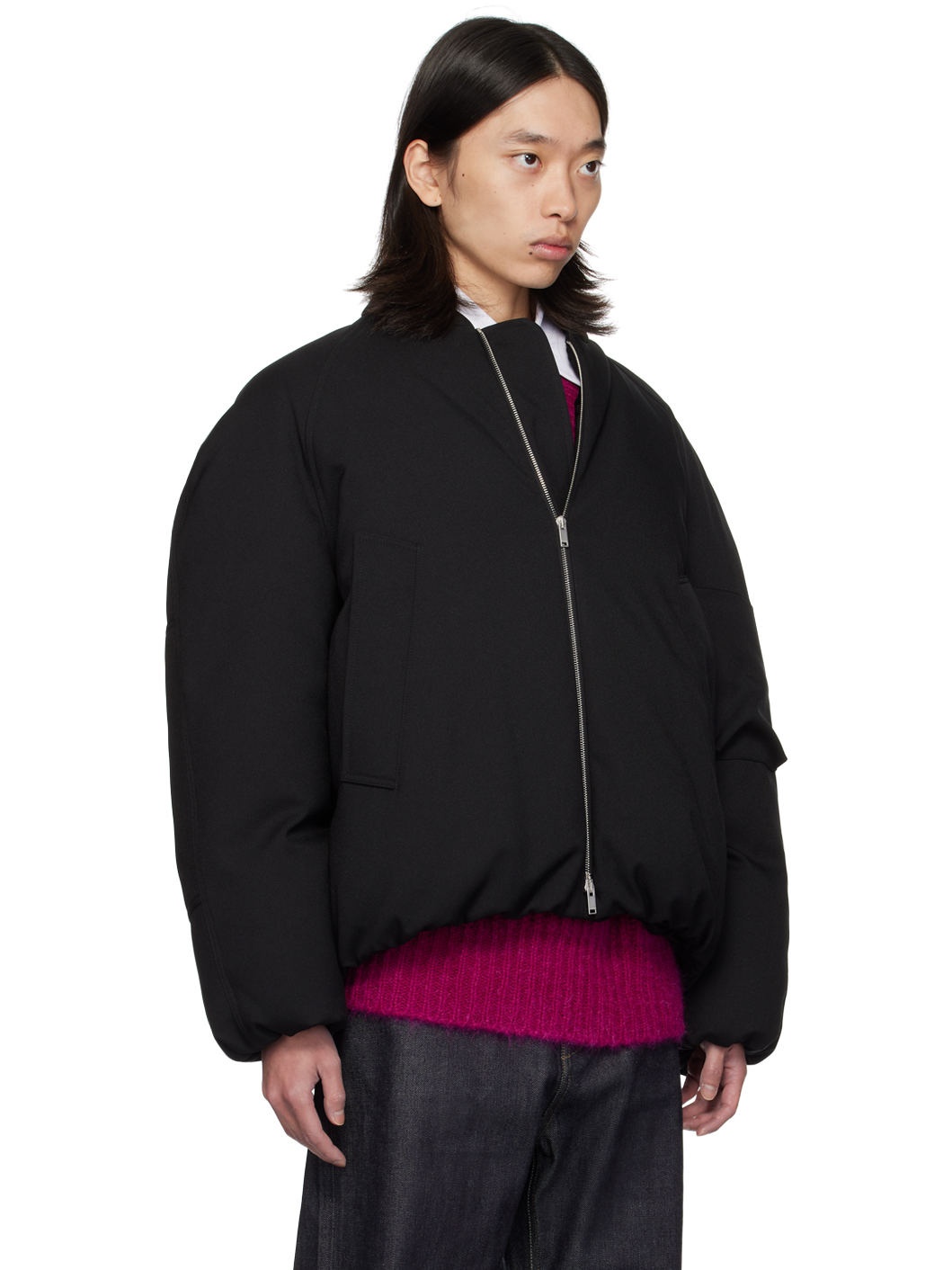 Black Zip Down Bomber Jacket - 2
