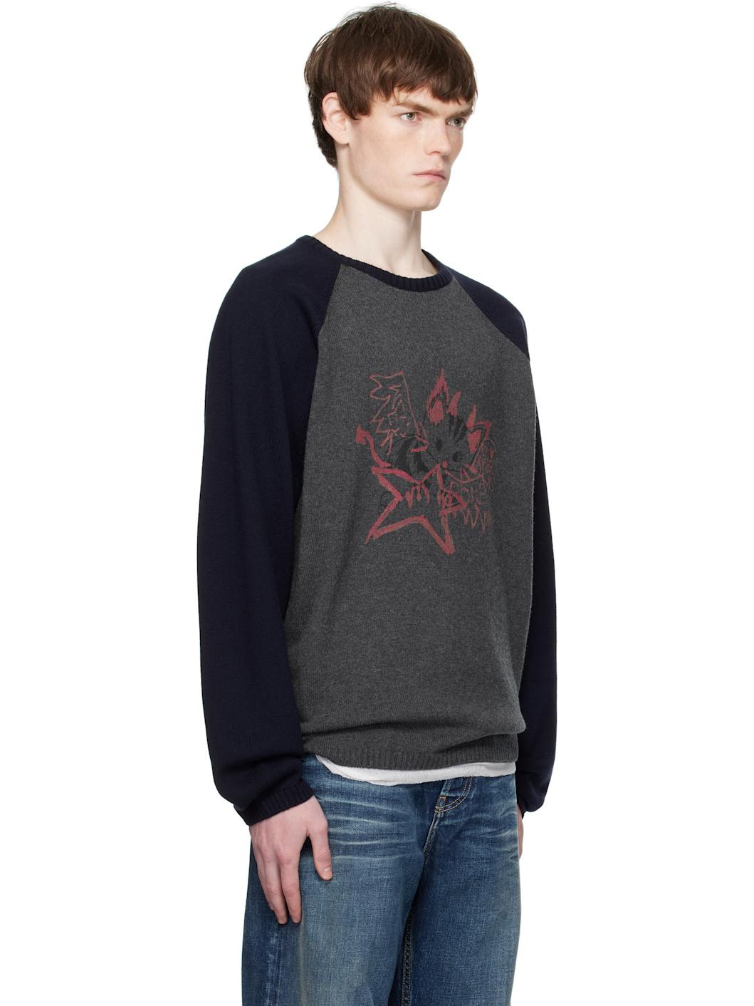 Gray & Navy Printed Raglan Knit Pullover Sweater - 2