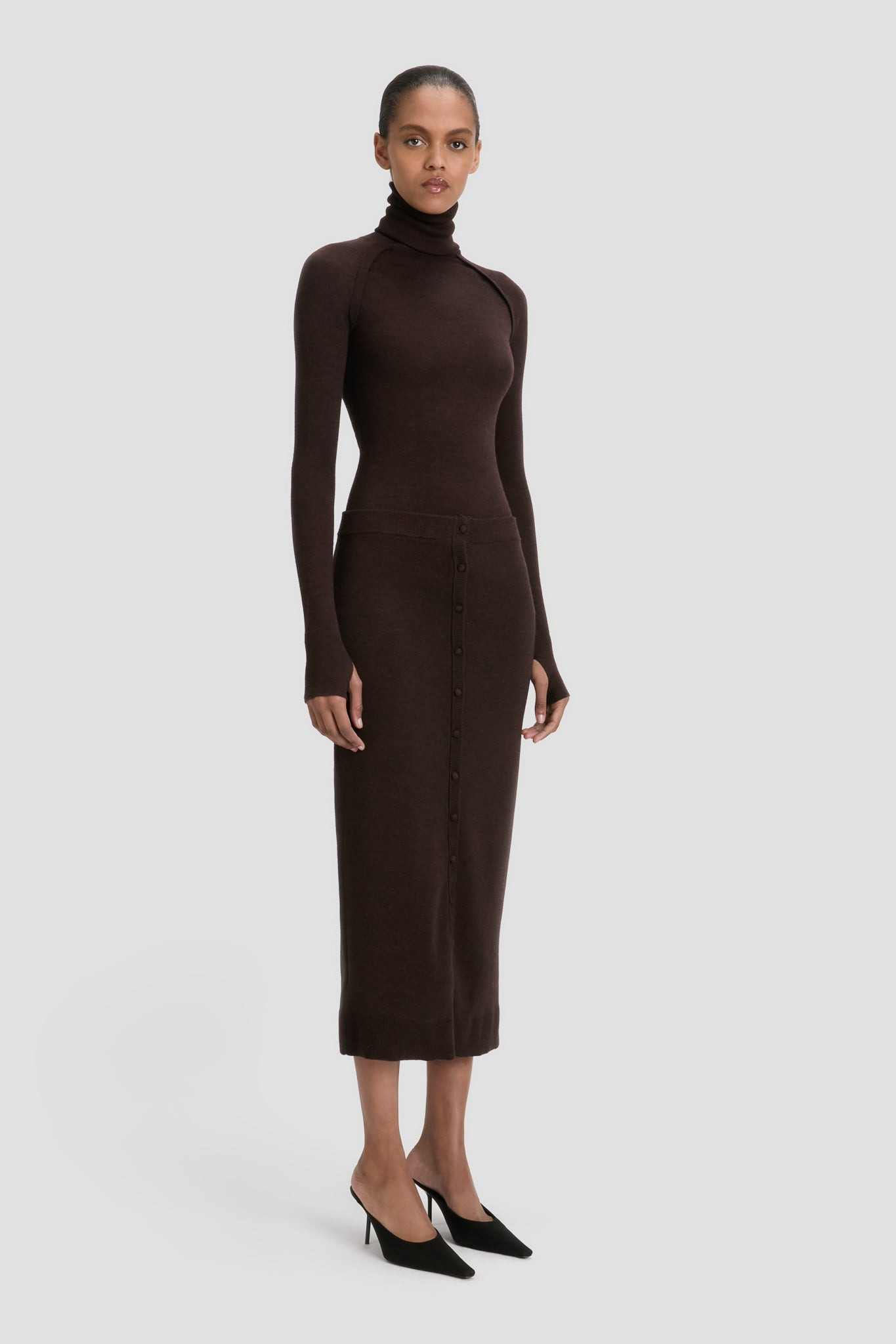 Button Detail Midi Skirt In Dark Chocolate - 3