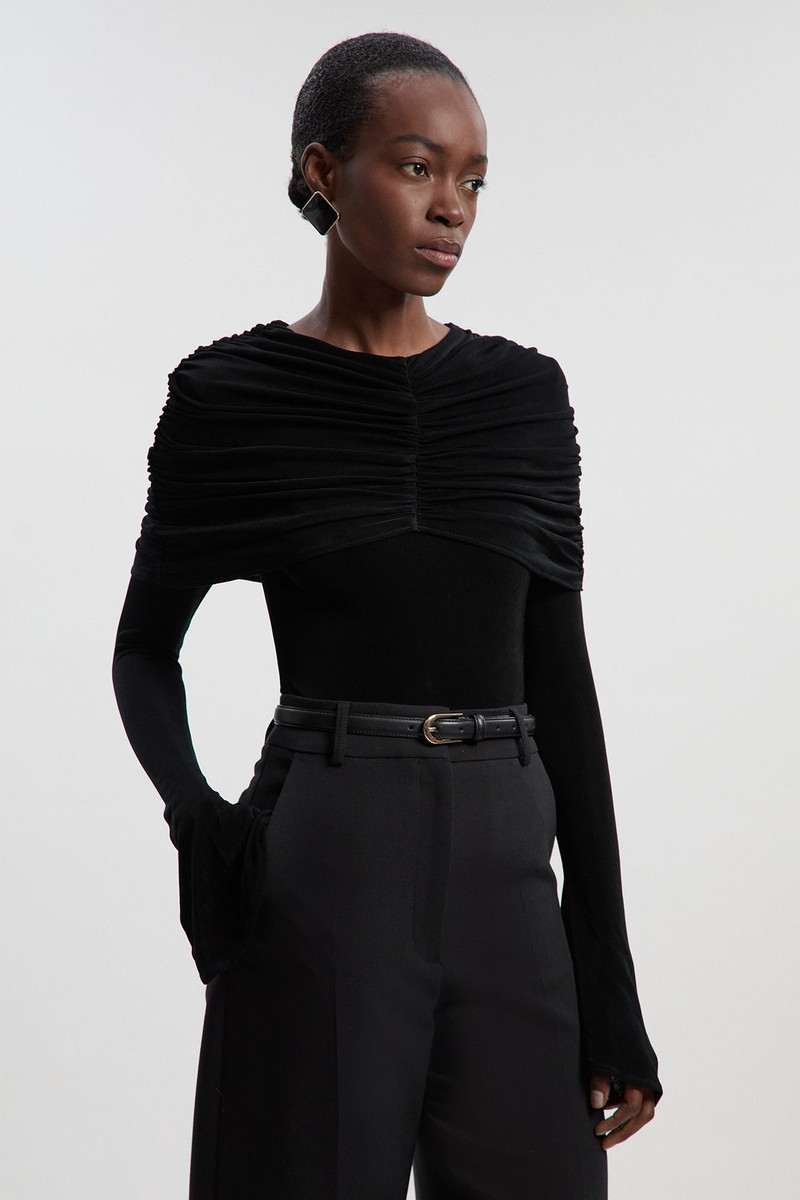 Drapey Crepe Detail Flare Sleeve Bodysuit 1