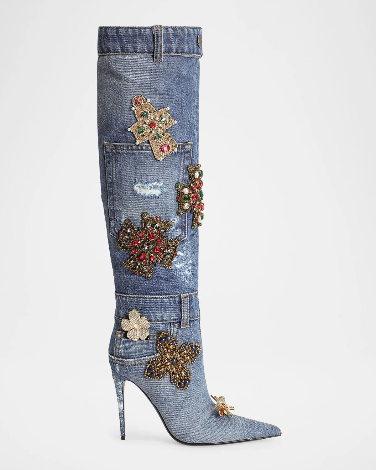 105mm Embellished Patchwork Denim Knee-High Boots - 1