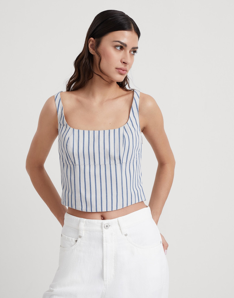 Striped cotton and linen wrinkled poplin cropped top 1