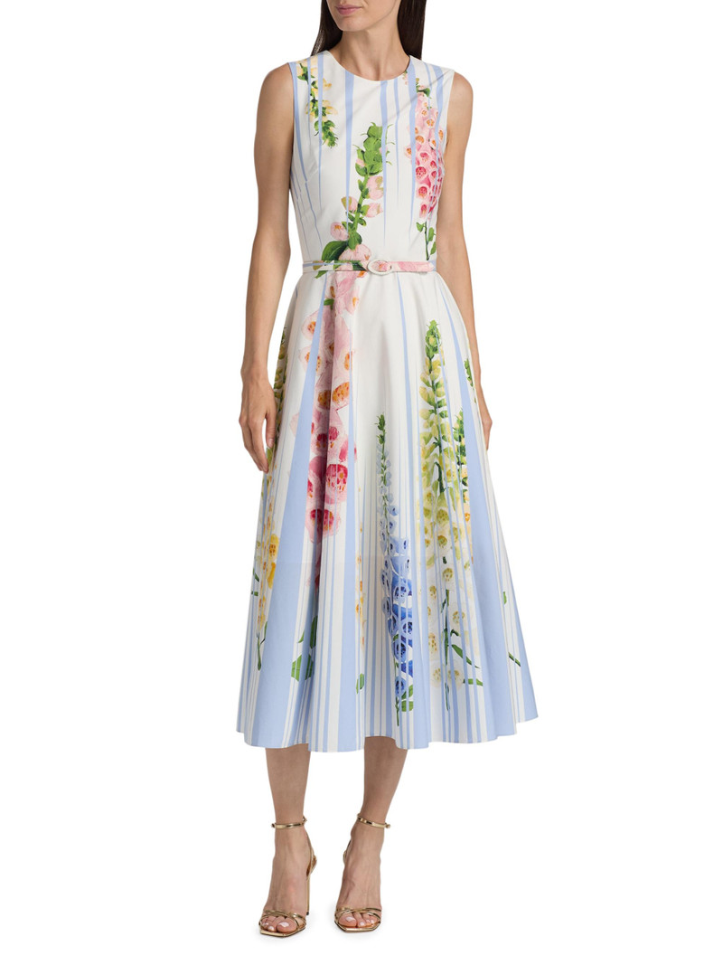 Women's Pleated Foxgloves-Print Cotton Poplin Midi-Dress - Light Blue Mult 3