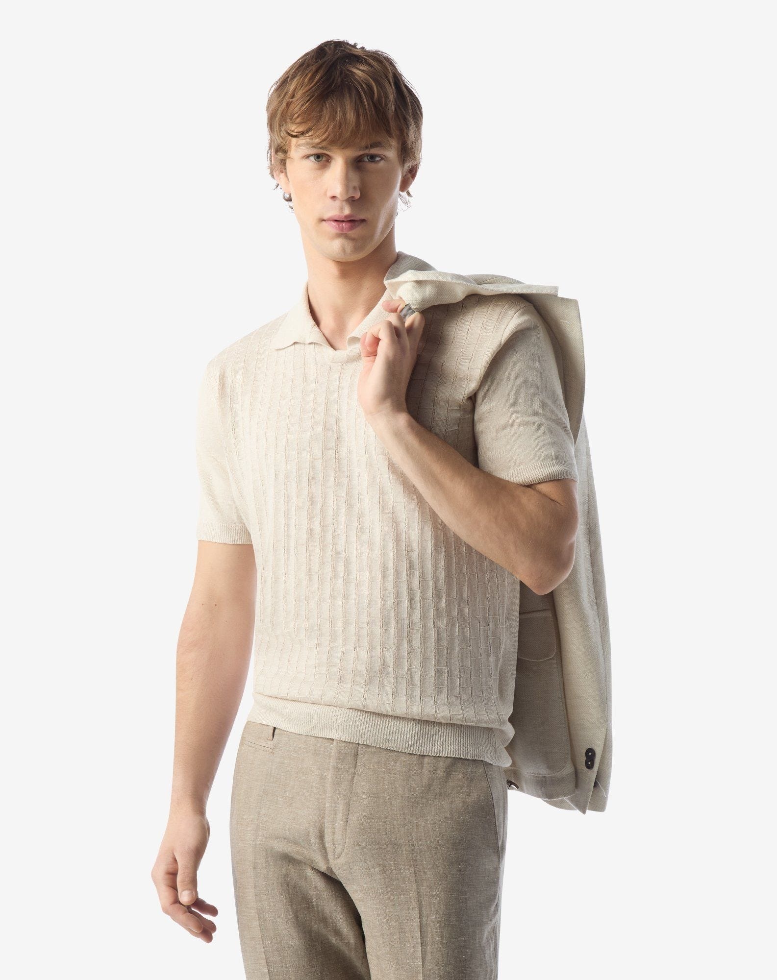 Sandy beige pure linen polo shirt - 2