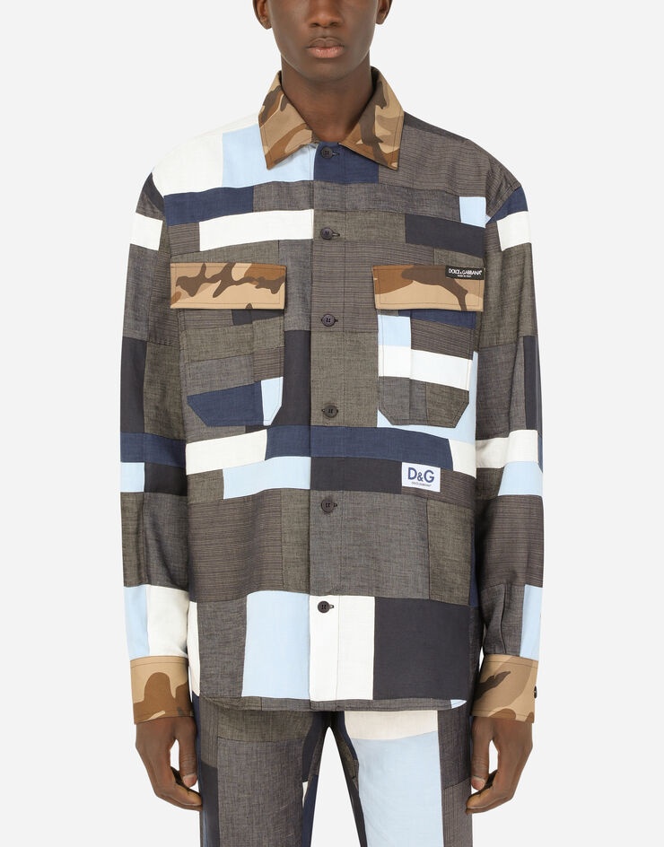 Cotton and linen patchwork shirt with patch - 1