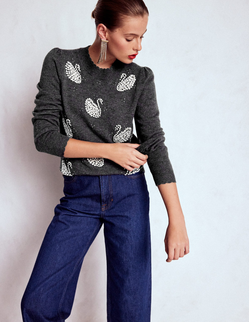 Elizabeth Embellished Sweater-Charcoal Melange Swans 6