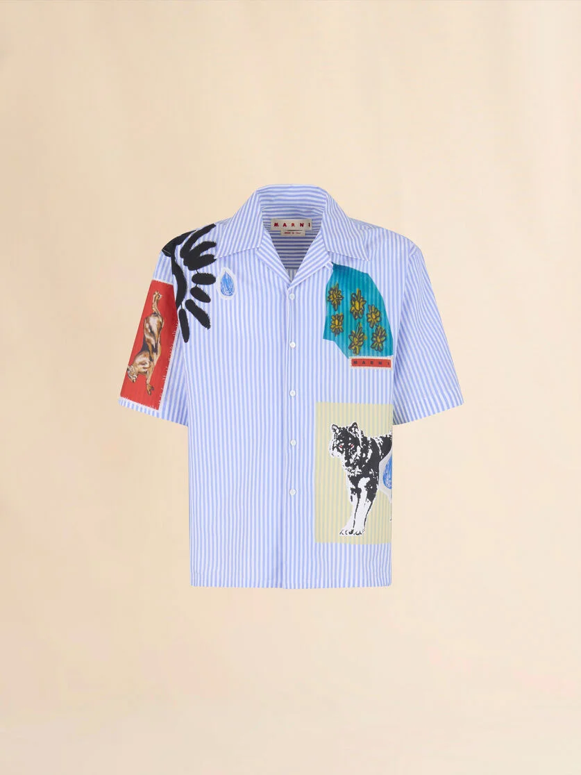 LIGHT BLUE STRIPED POPLIN BOWLING SHIRT - 1