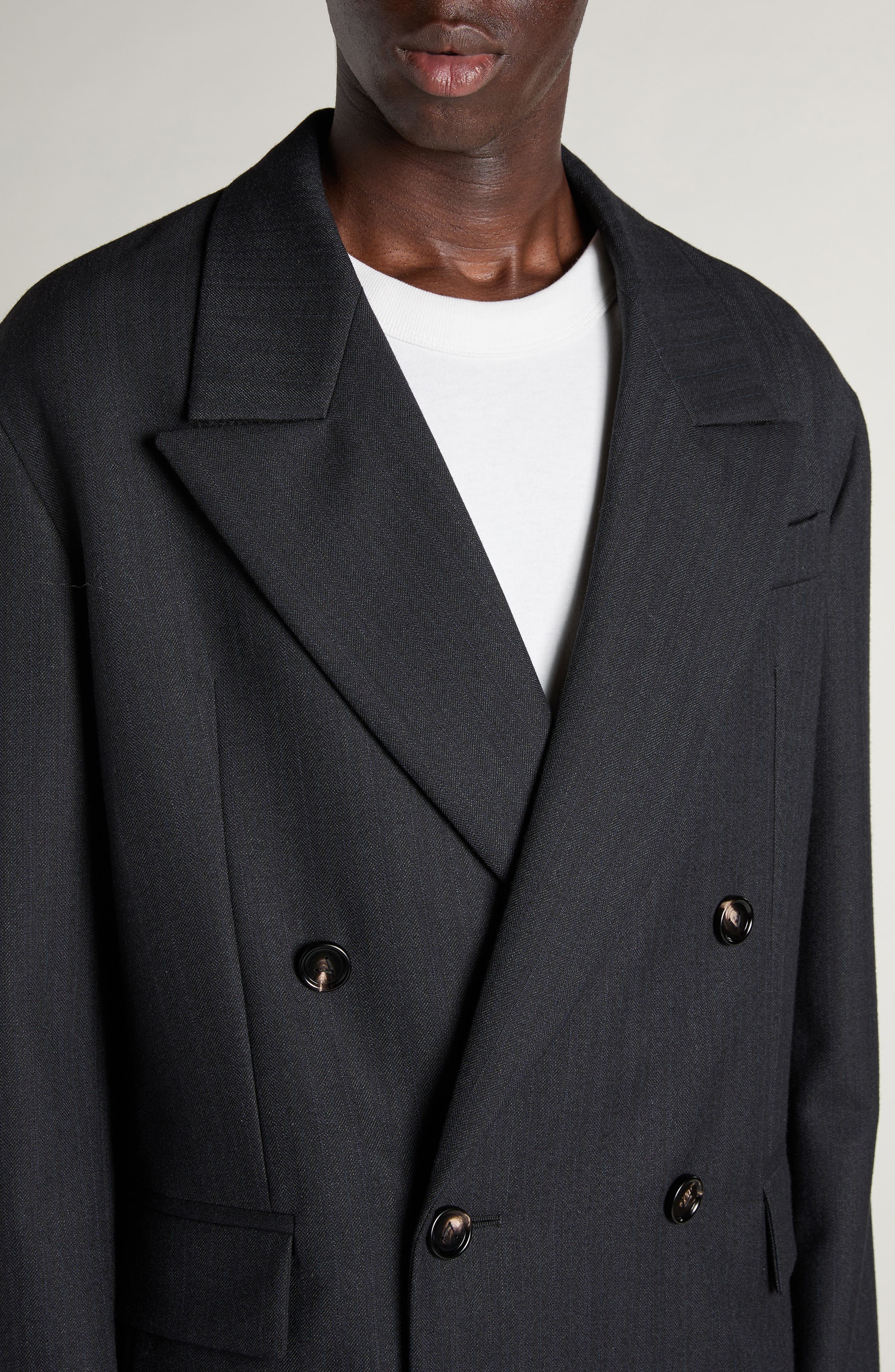 Bottega Veneta Double Breasted Subtle Stripe Wool Blazer in 1292 Black/Dark Blue at Nordstrom - 5