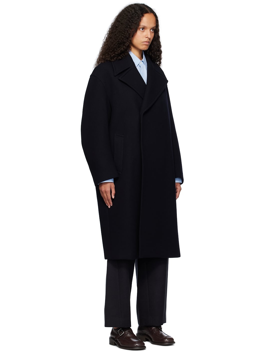 AURALEE Navy Sponge Wool Melton Double-Breasted Coat REVERSIBLE