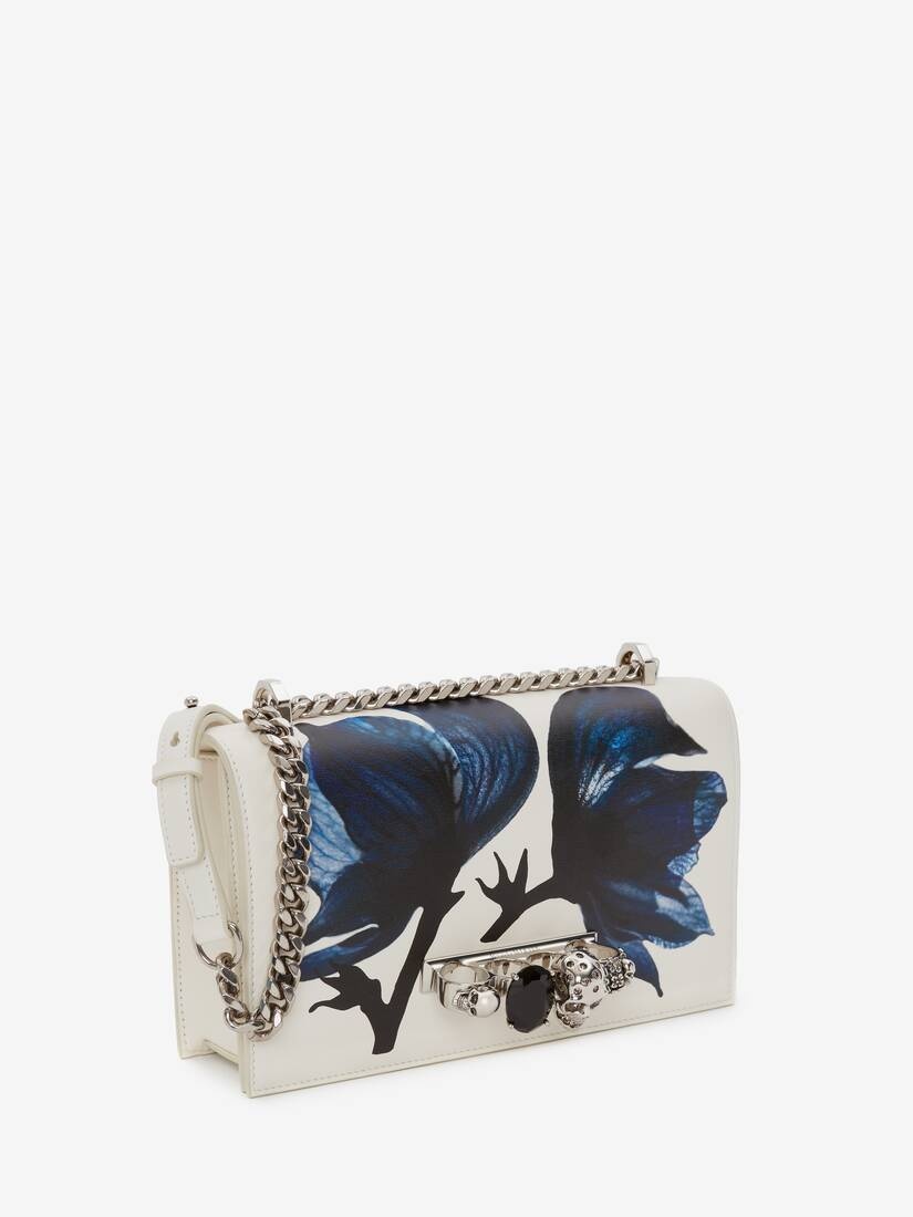 Flower Print Jewelled Satchel in Ivory/blue - 2