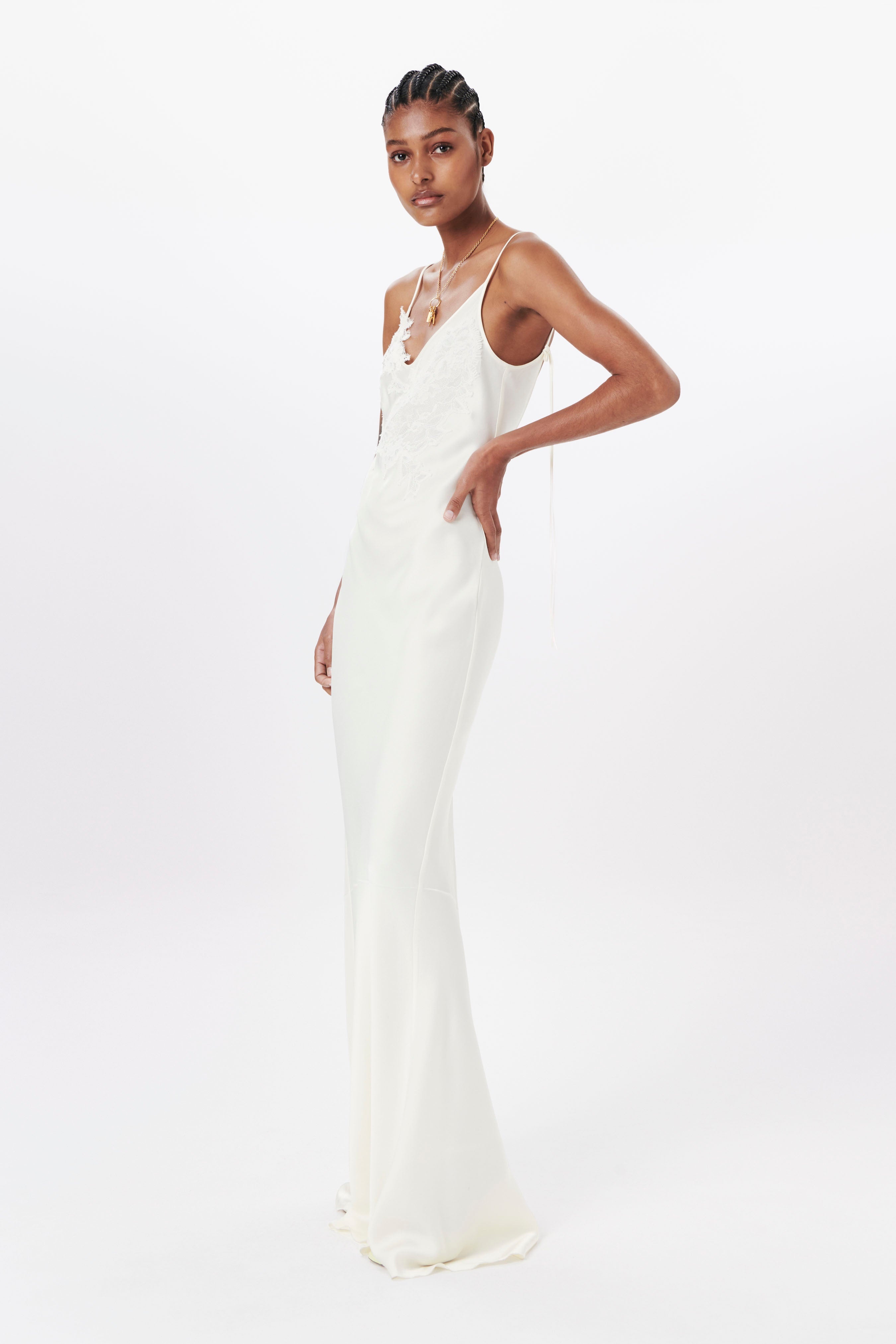 Exclusive Lace Detail Floor-Length Cami Dress In Ivory - 2