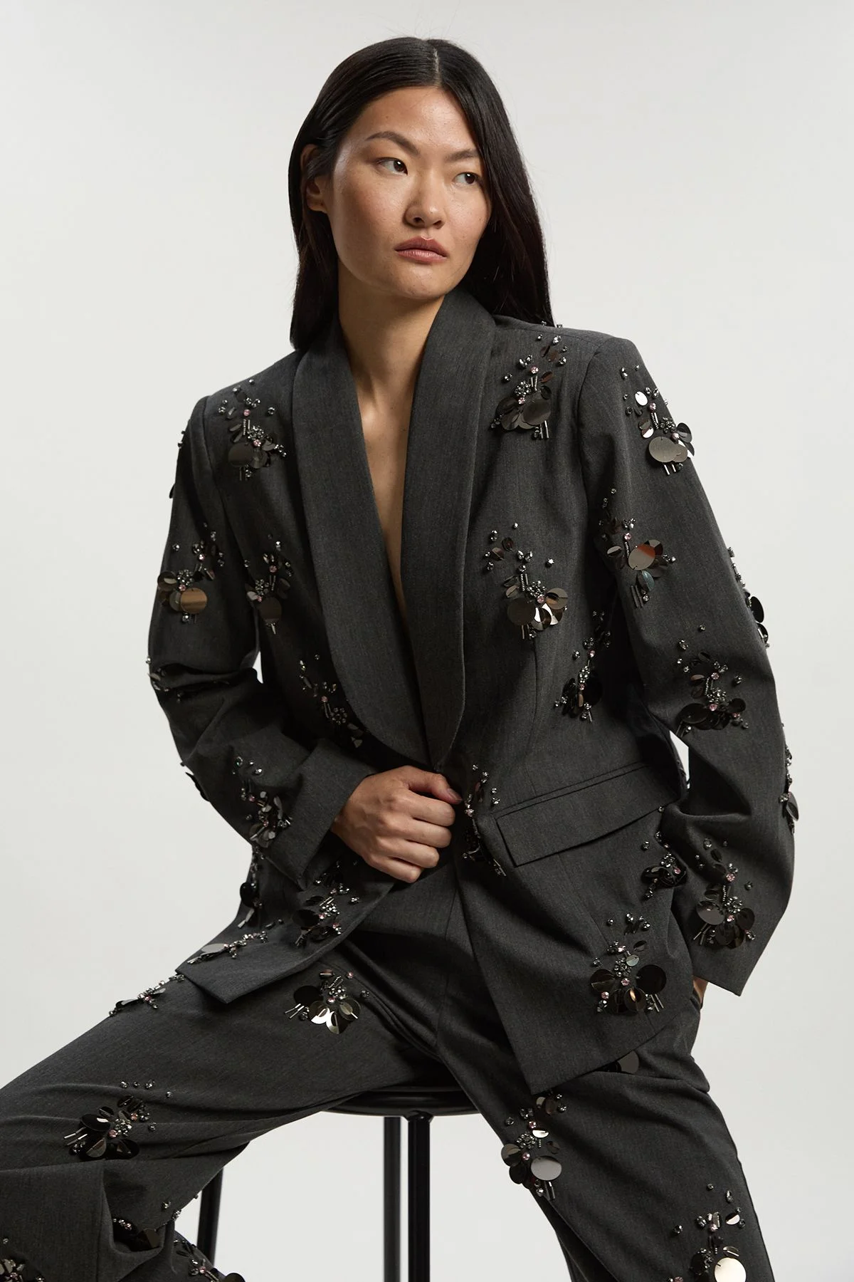 Cluster Sequin & Crystal Embellished Tailored Single Breast Blazer - 1