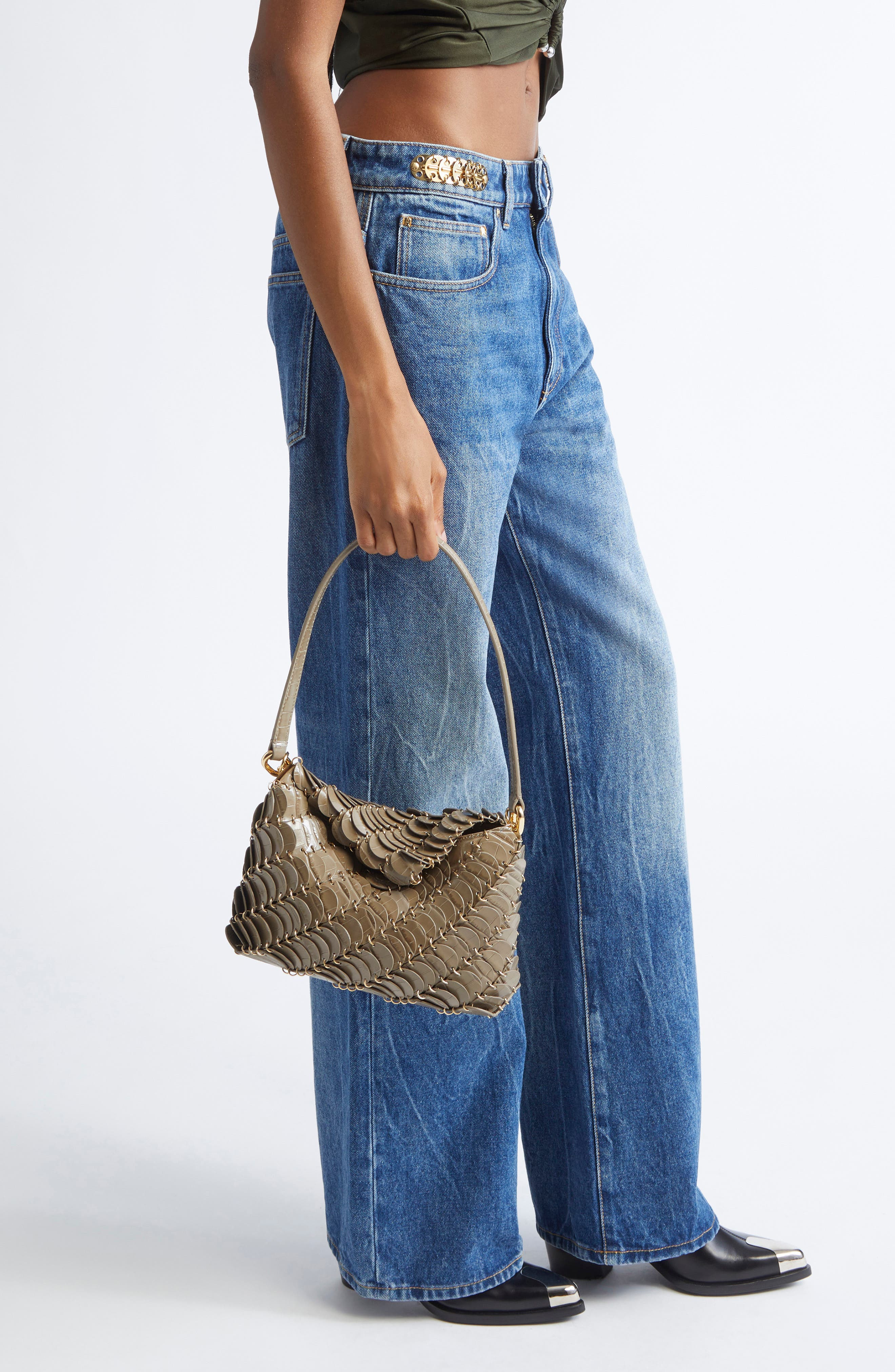Rabanne Paco Croc Embossed Leather Shoulder Bag in Taupe /Gold at Nordstrom - 2
