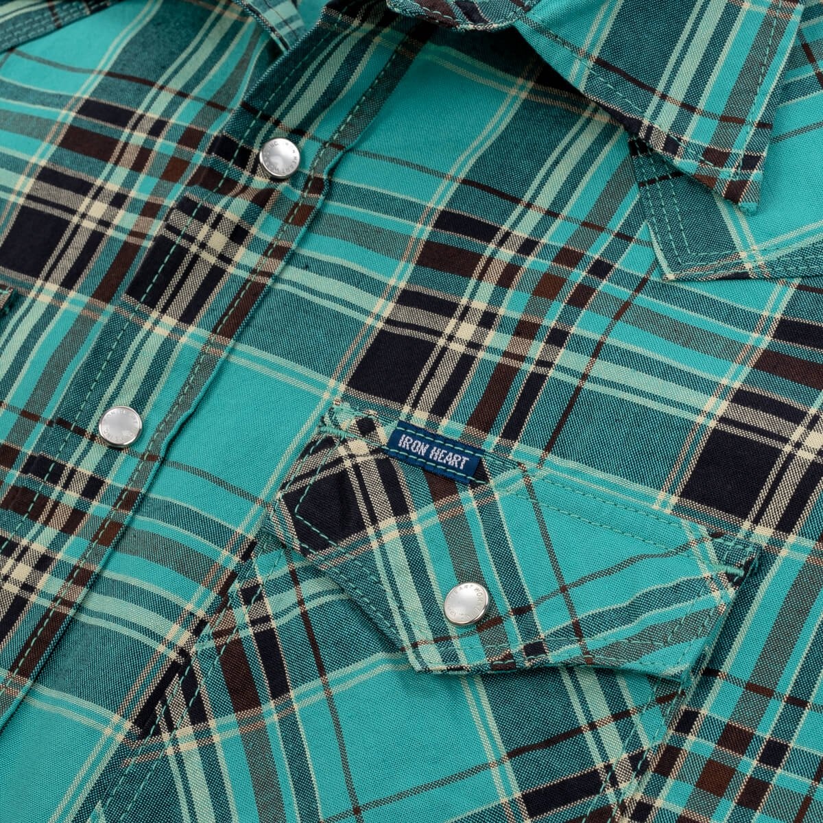 IHSH-359-GRN 5oz Selvedge Madras Check Short Sleeved Western Shirt - Green - 9