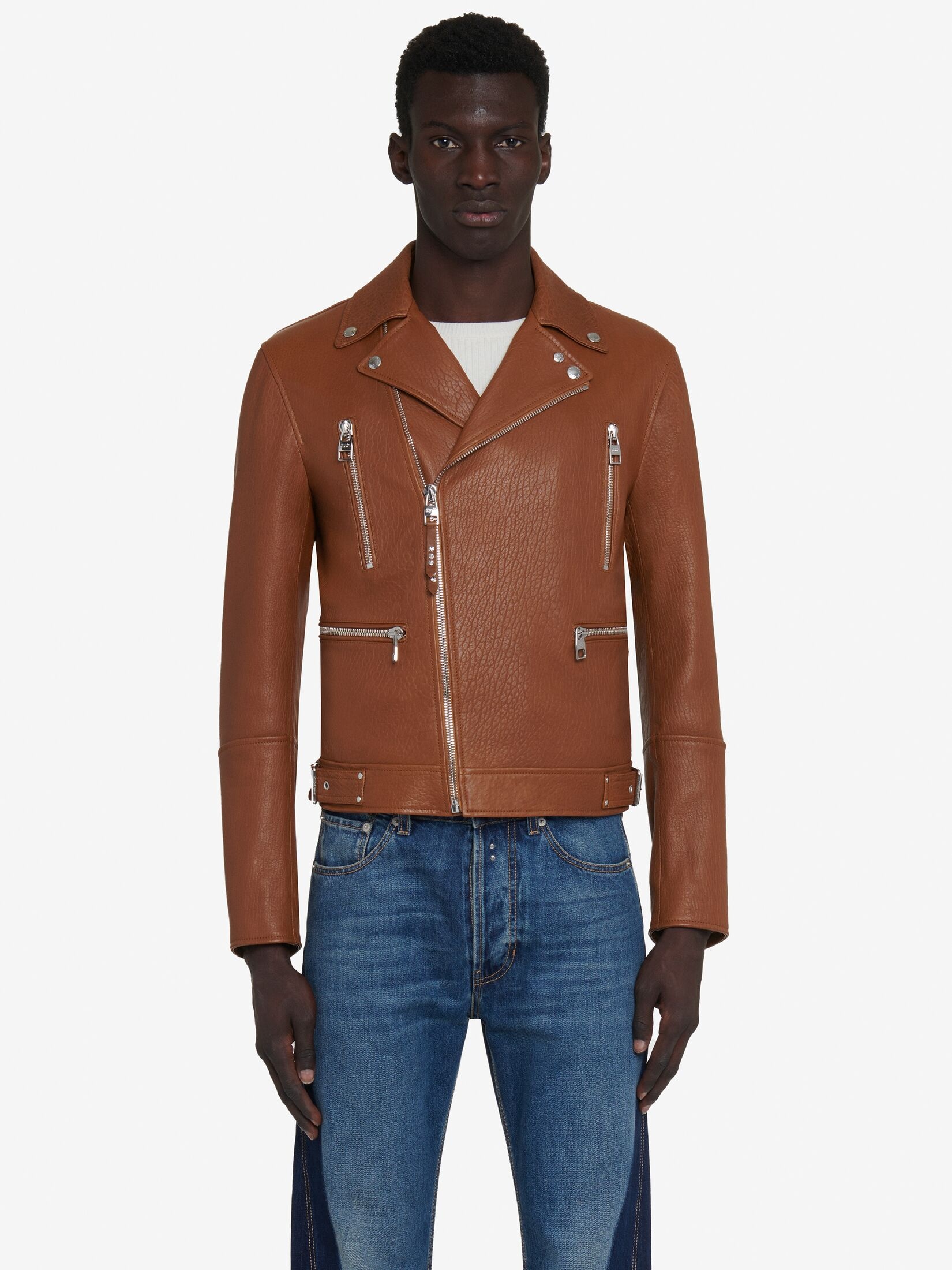 Men's Leather Biker Jacket in Tobacco - 5