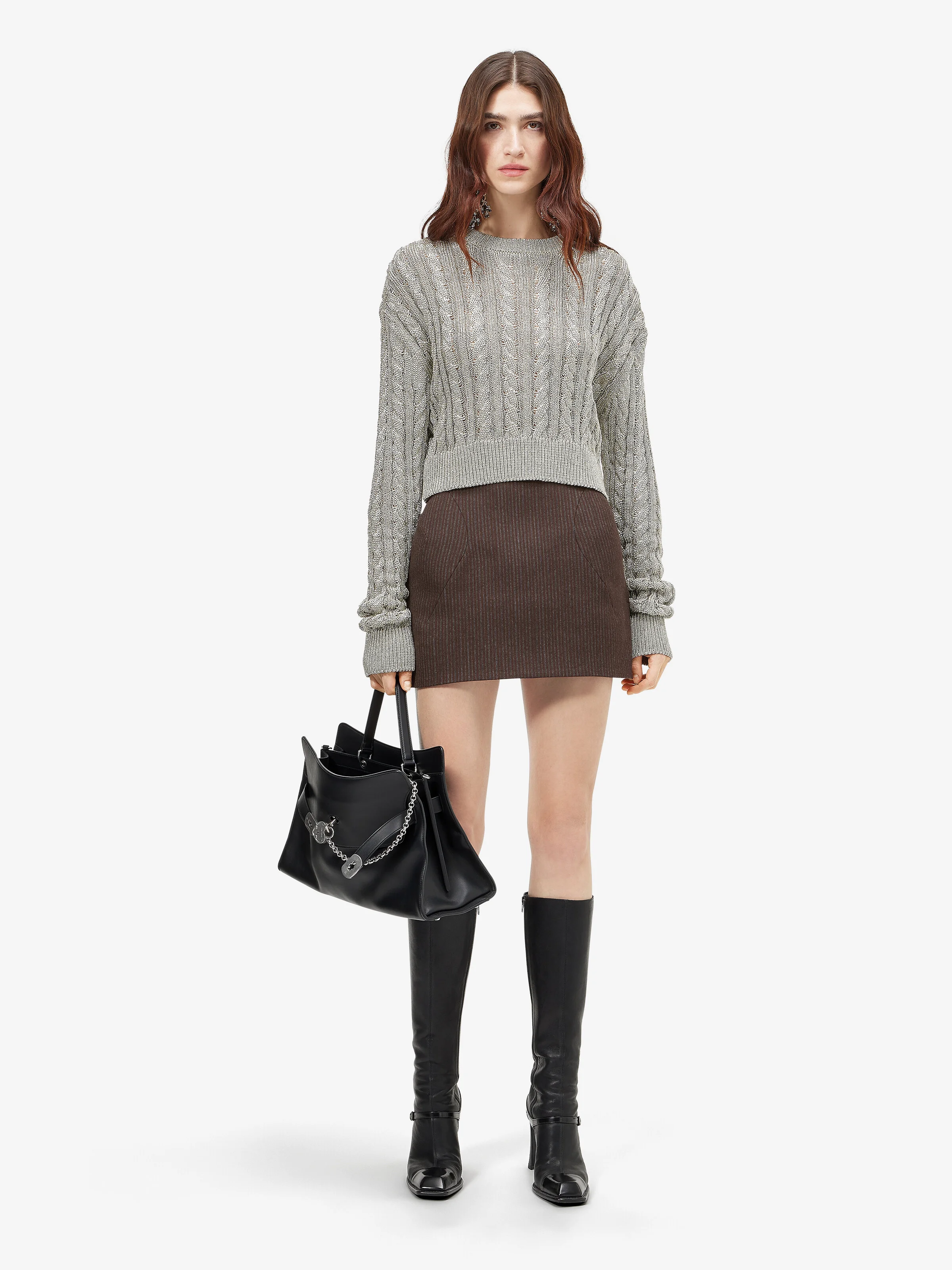 Women's Wool Pinstripe Mini Skirt in Dark Brown - 1