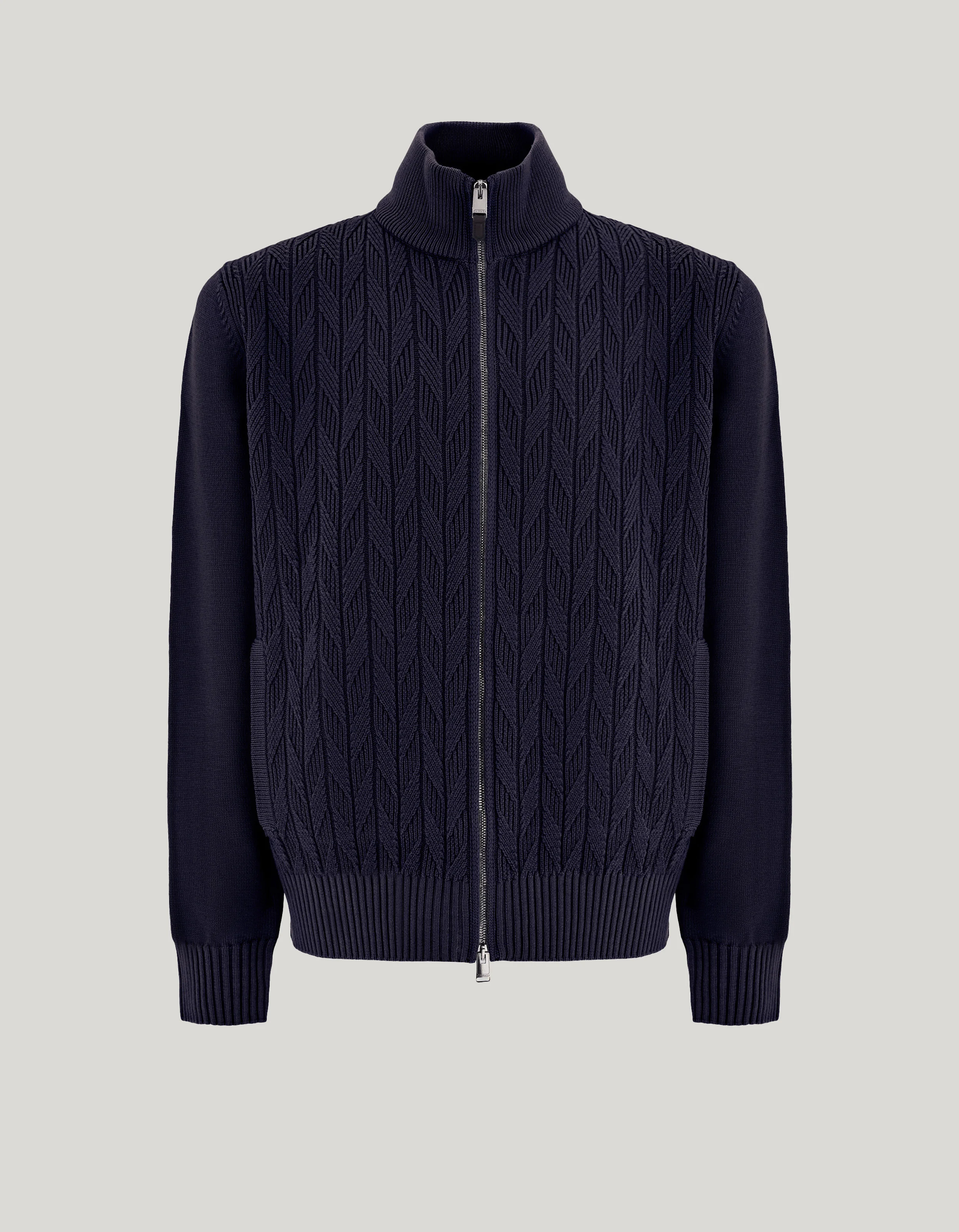 NAVY BLUE MACRO-STRUCTURED WOOL ZIPPERED CARDIGAN - 1