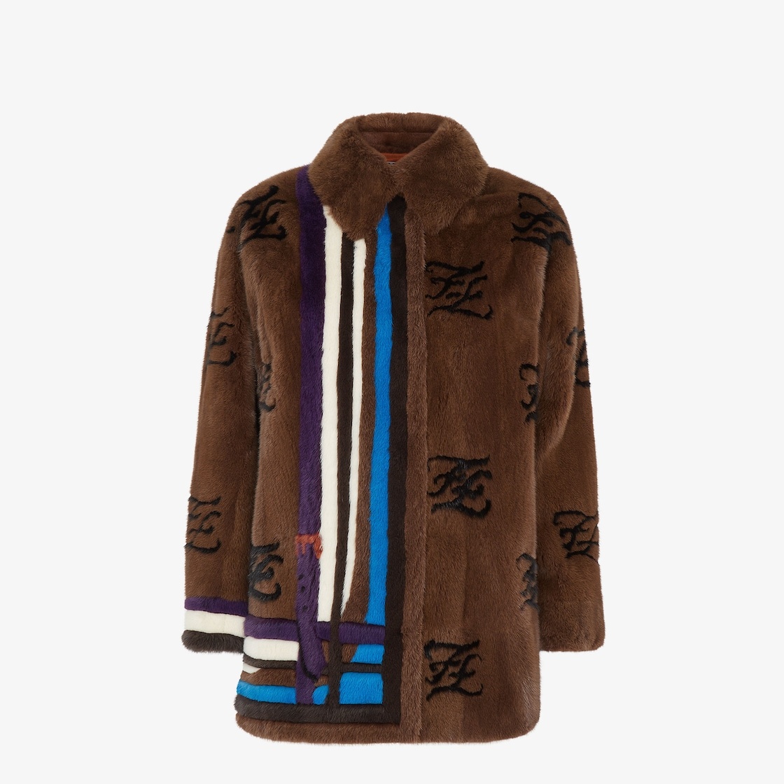 Pea coat with shirt collar, side slits and concealed button closure. Made of brown mink. Inlaid with - 1