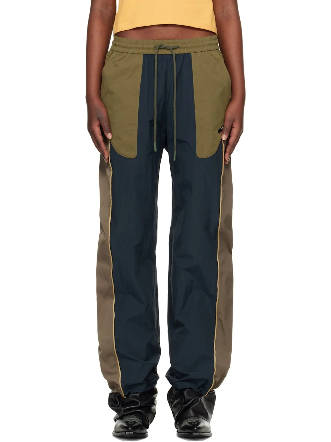 Navy & Khaki Color Block Nylon Track Pants - 1