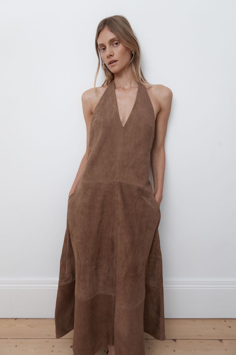 Suede Halter Plunge Dress - Toffee - 8