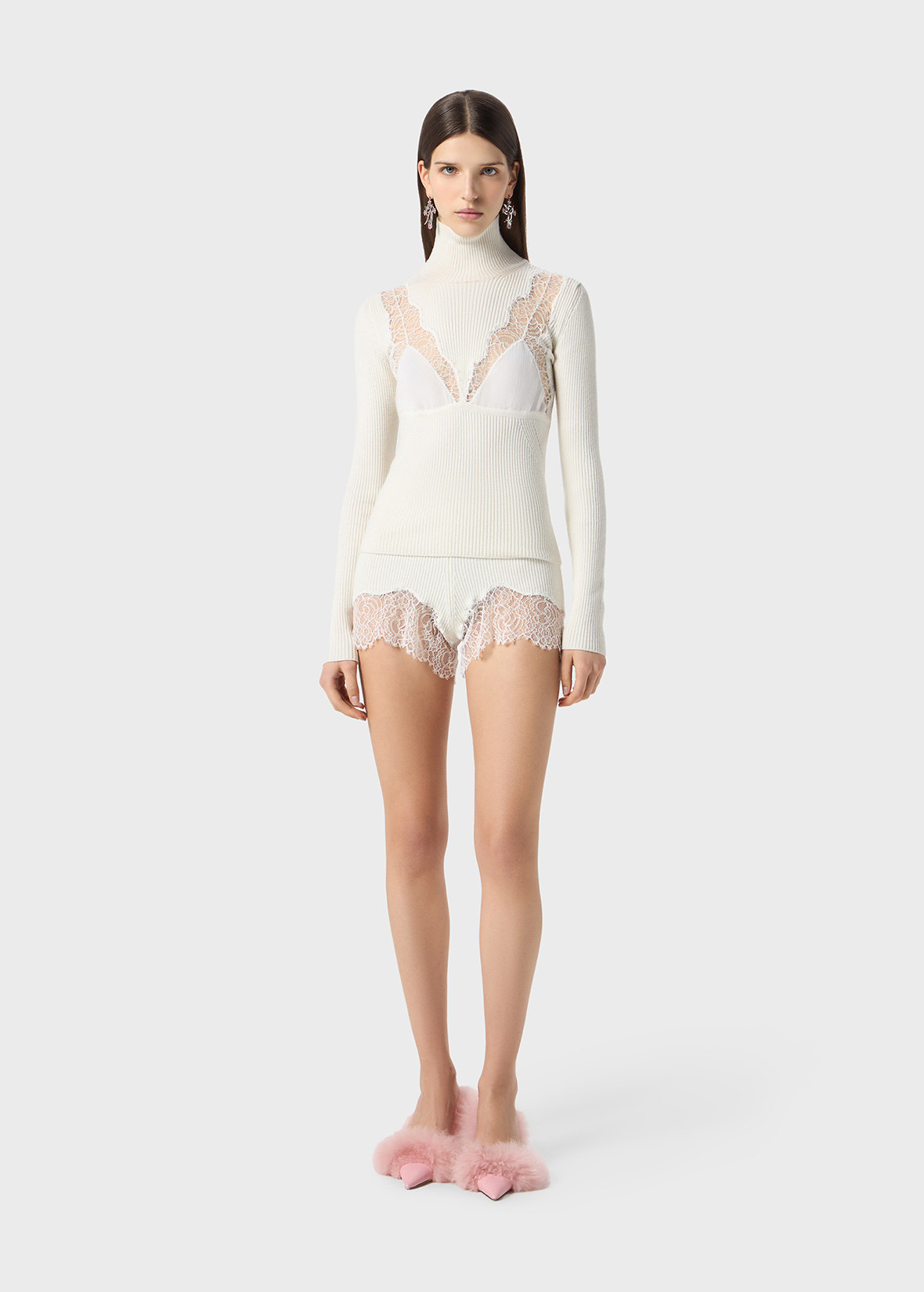 STRETCH RIBBED SWEATER WITH LACE AND SATIN INSERTS - 2