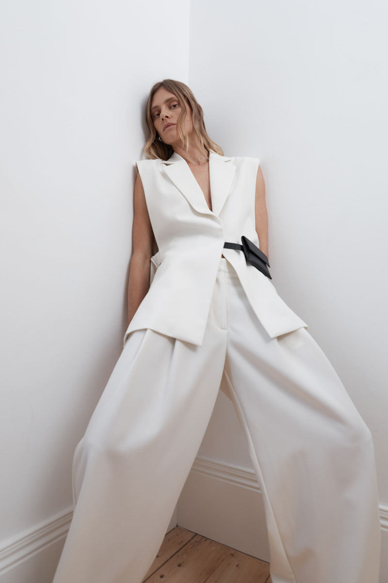 Twill Wide Leg Pleat Pants - Off White - 5