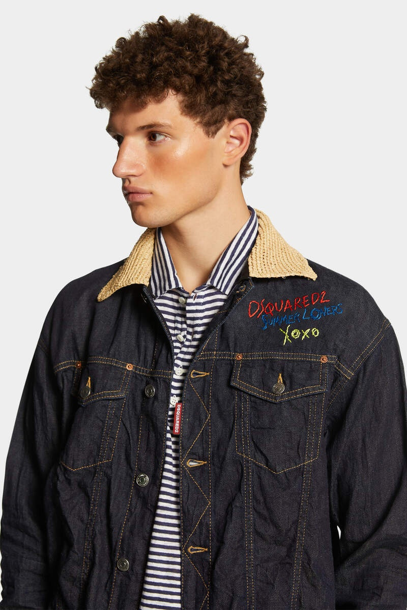 SUMMER LOVERS DARK WASH RAFFIA COLLAR DRAWSTRING SHIRT 5
