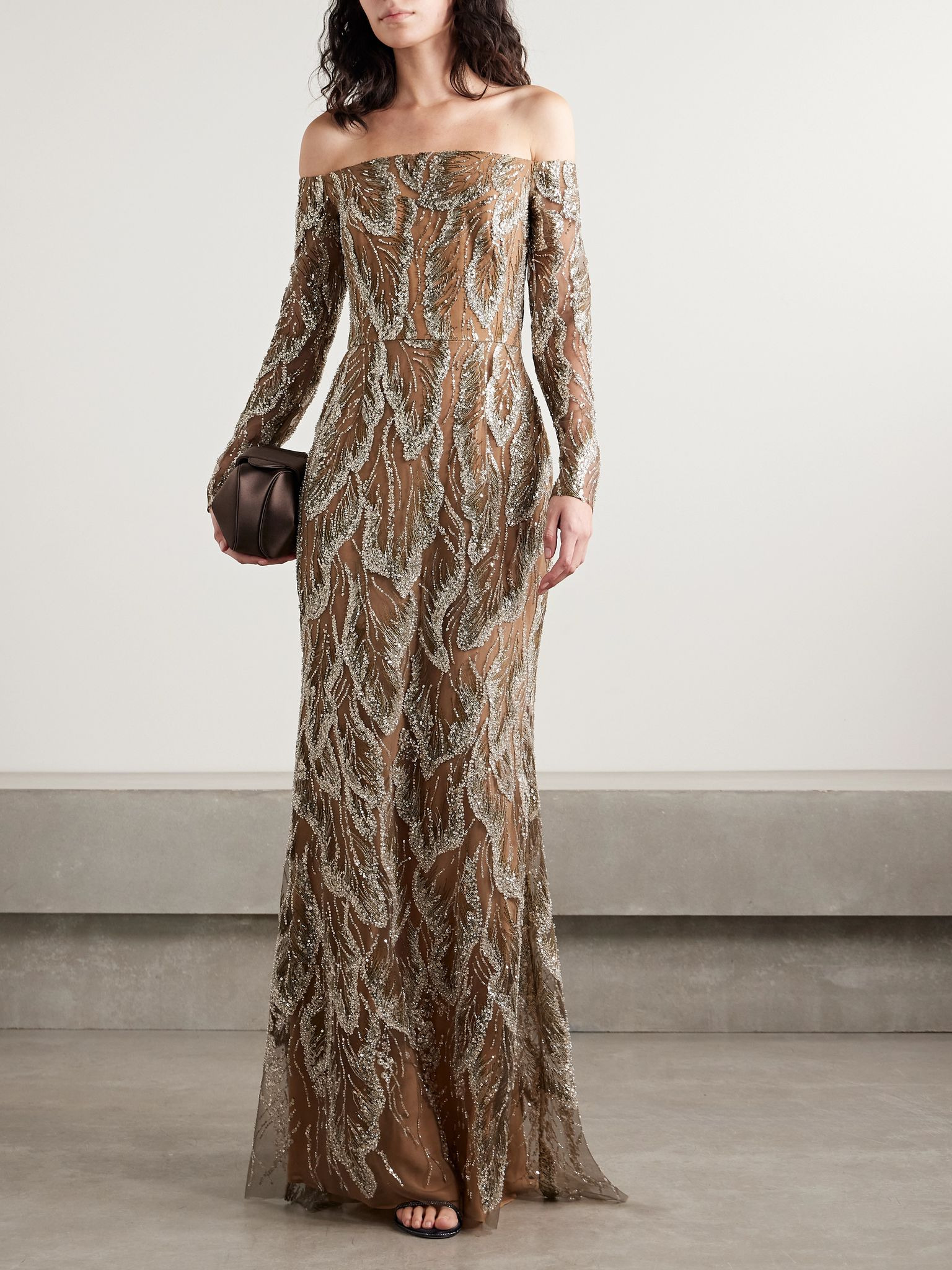 Off-the-shoulder embellished embroidered silk-blend tulle gown Beige - 2