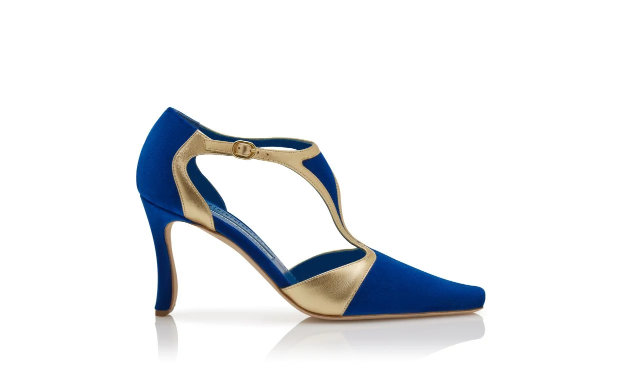 Blue Velvet and Gold T-Bar Pumps - 1