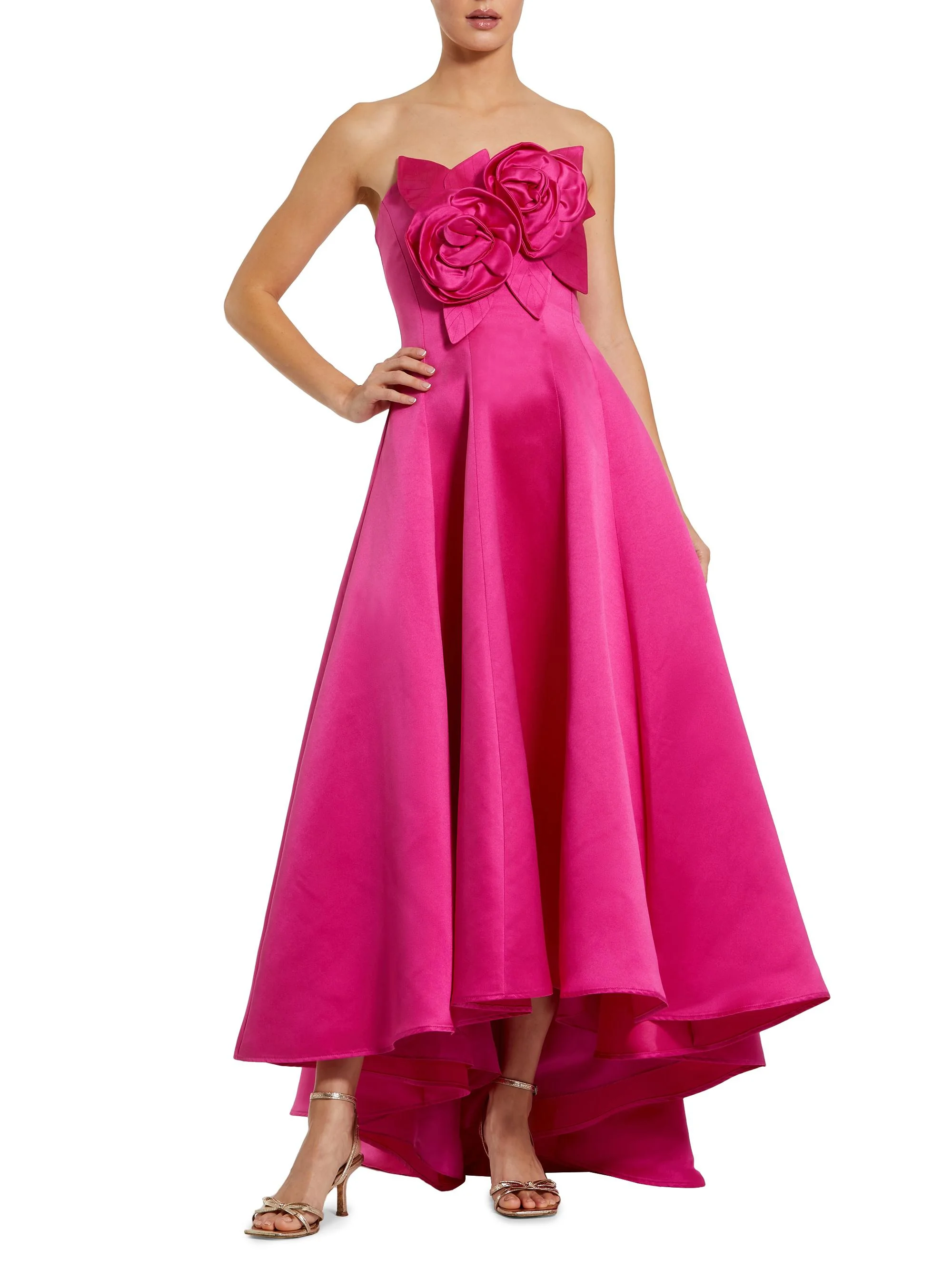 Women's 3D Floral Appliqué Satin A-Line Gown - Hot Pink - 1