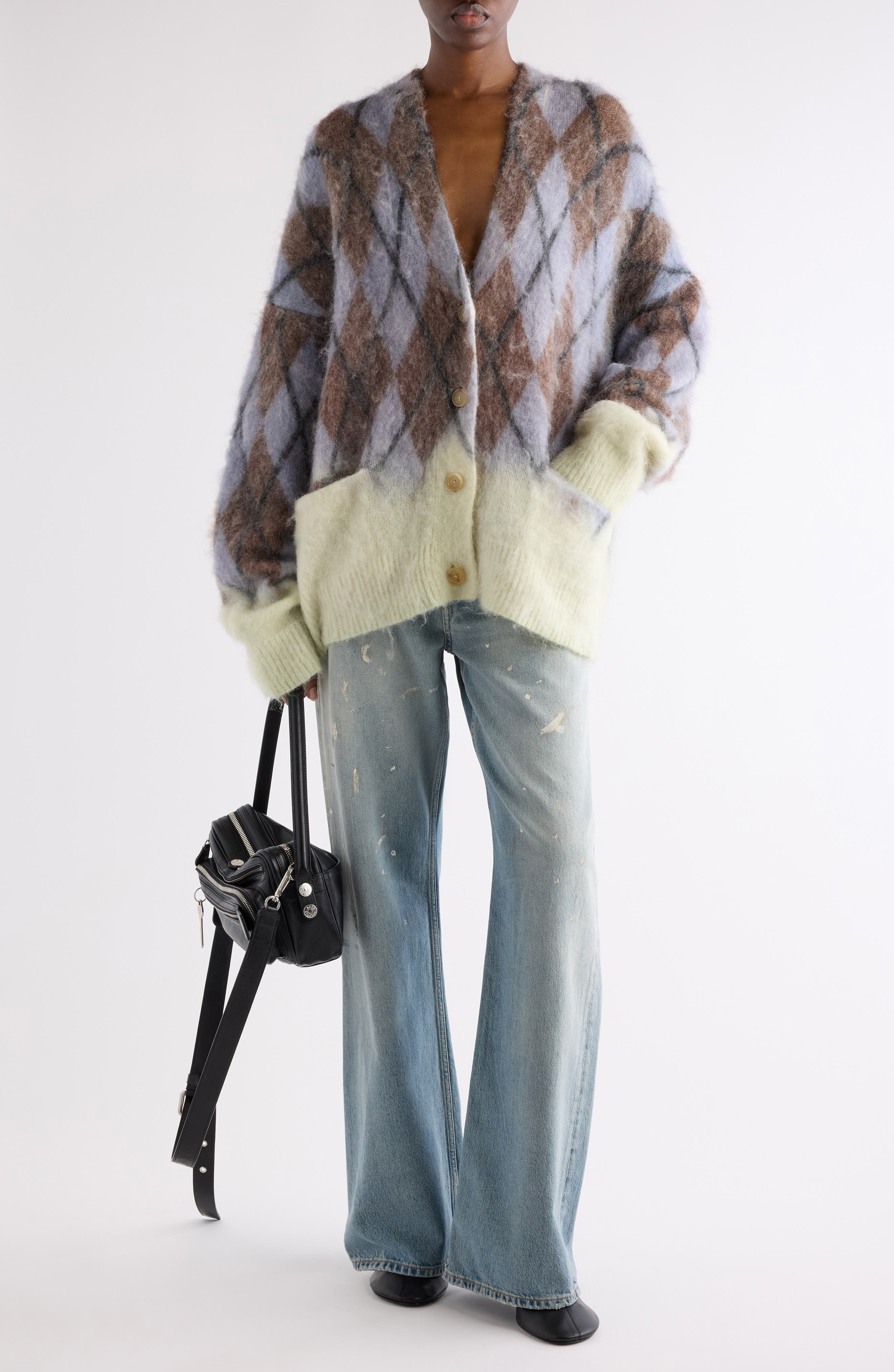 Acne Studios Katcher Argyle Mohair & Wool Blend Cardigan in Grey/Brown at Nordstrom - 2