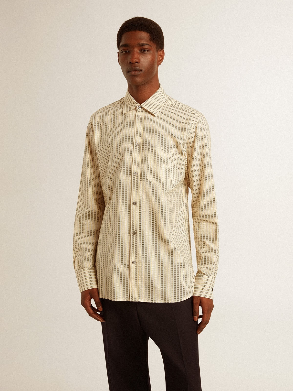 Men’s ecru cotton shirt with narrow black stripes - 2