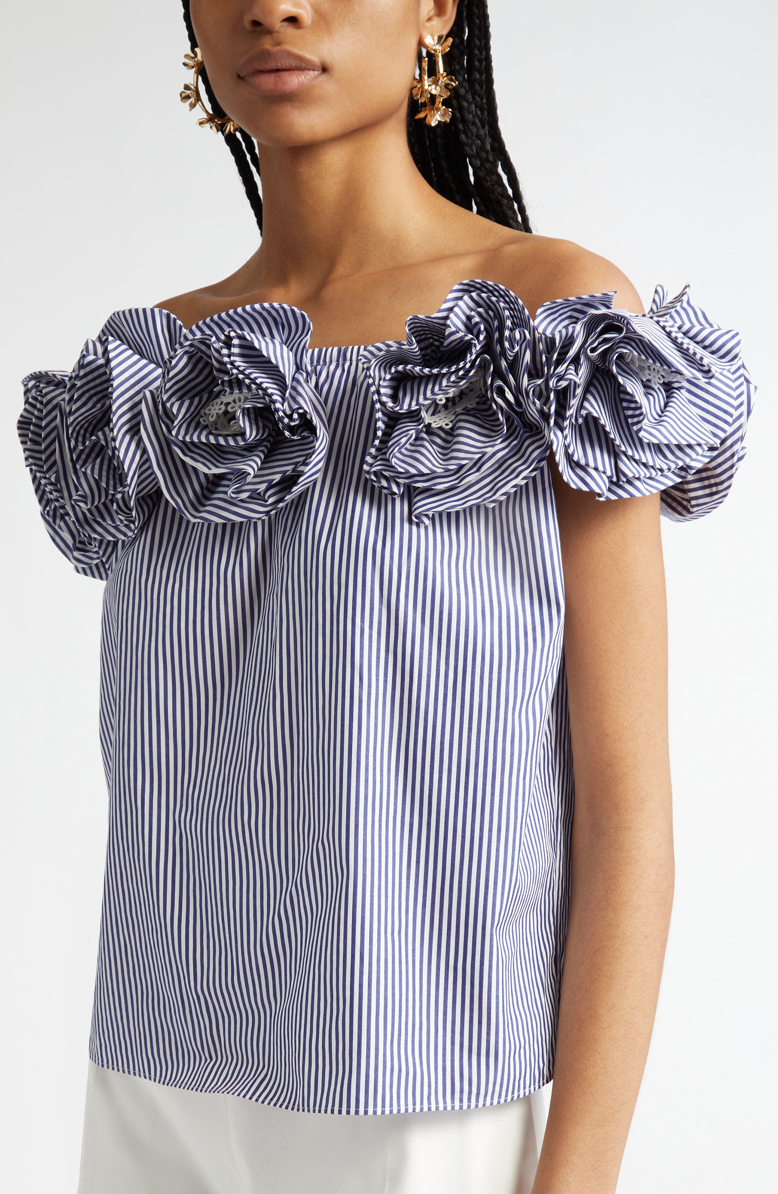 Carolina Herrera Embroidered Flower Off the Shoulder Top in White/Blue at Nordstrom - 5