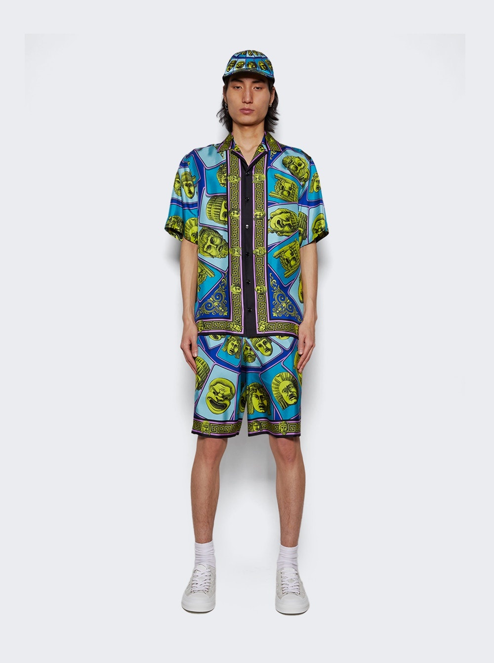 Twill Silk Mask Print Shorts Acid Green and Teal - 2