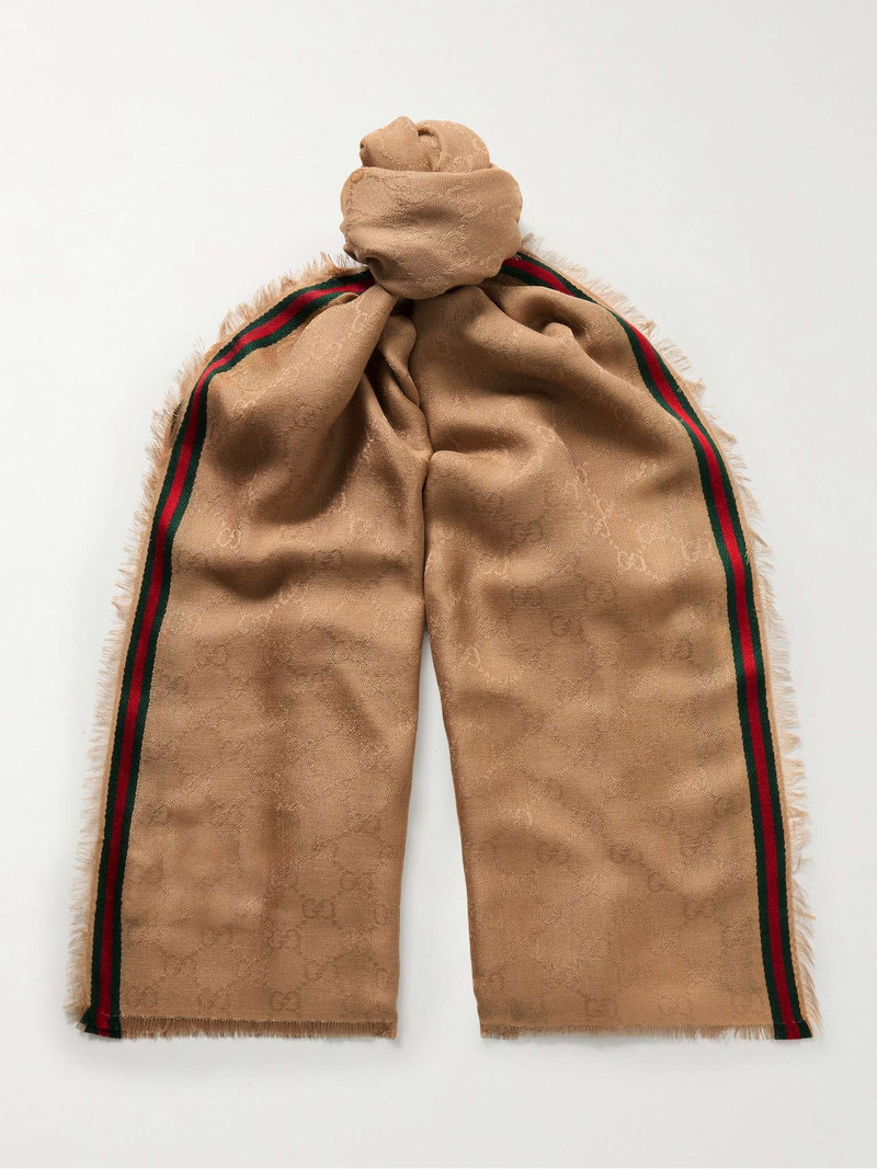 Frayed Striped Logo-Jacquard Silk and Cotton-Blend Scarf - 1