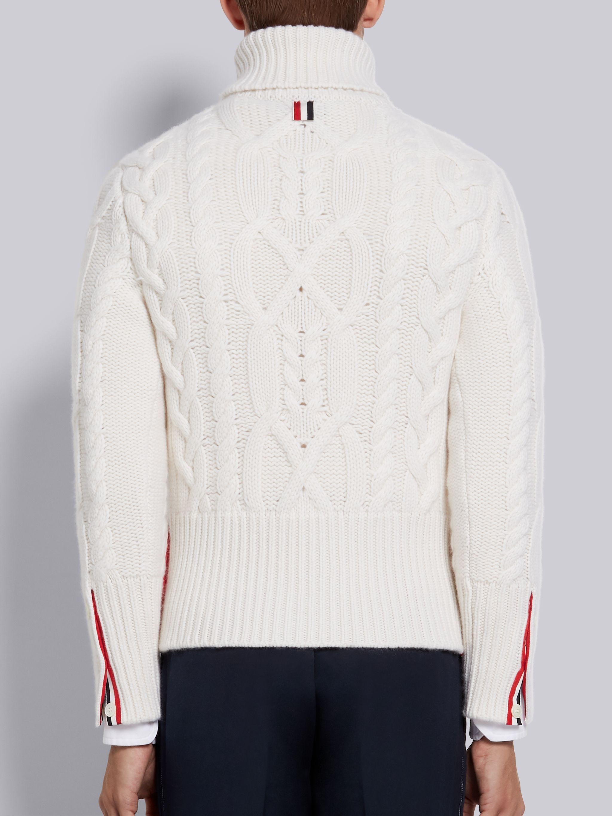 White Cashmere Aran Cable Diagonal Stripe Classic Turtleneck - 3