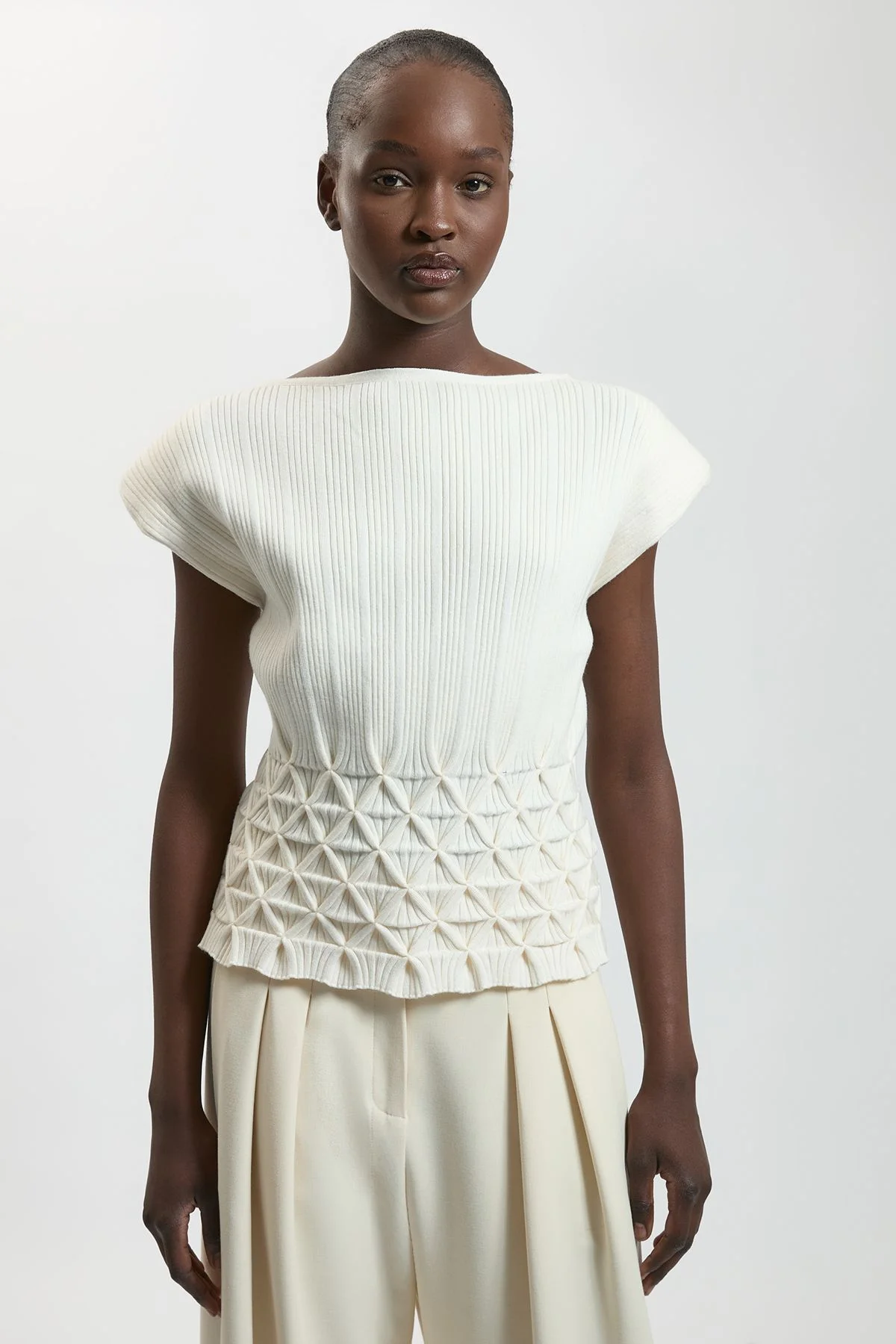 Ribbed Knit Power Shoulder Top With Manipulated Stitch Detail - 1