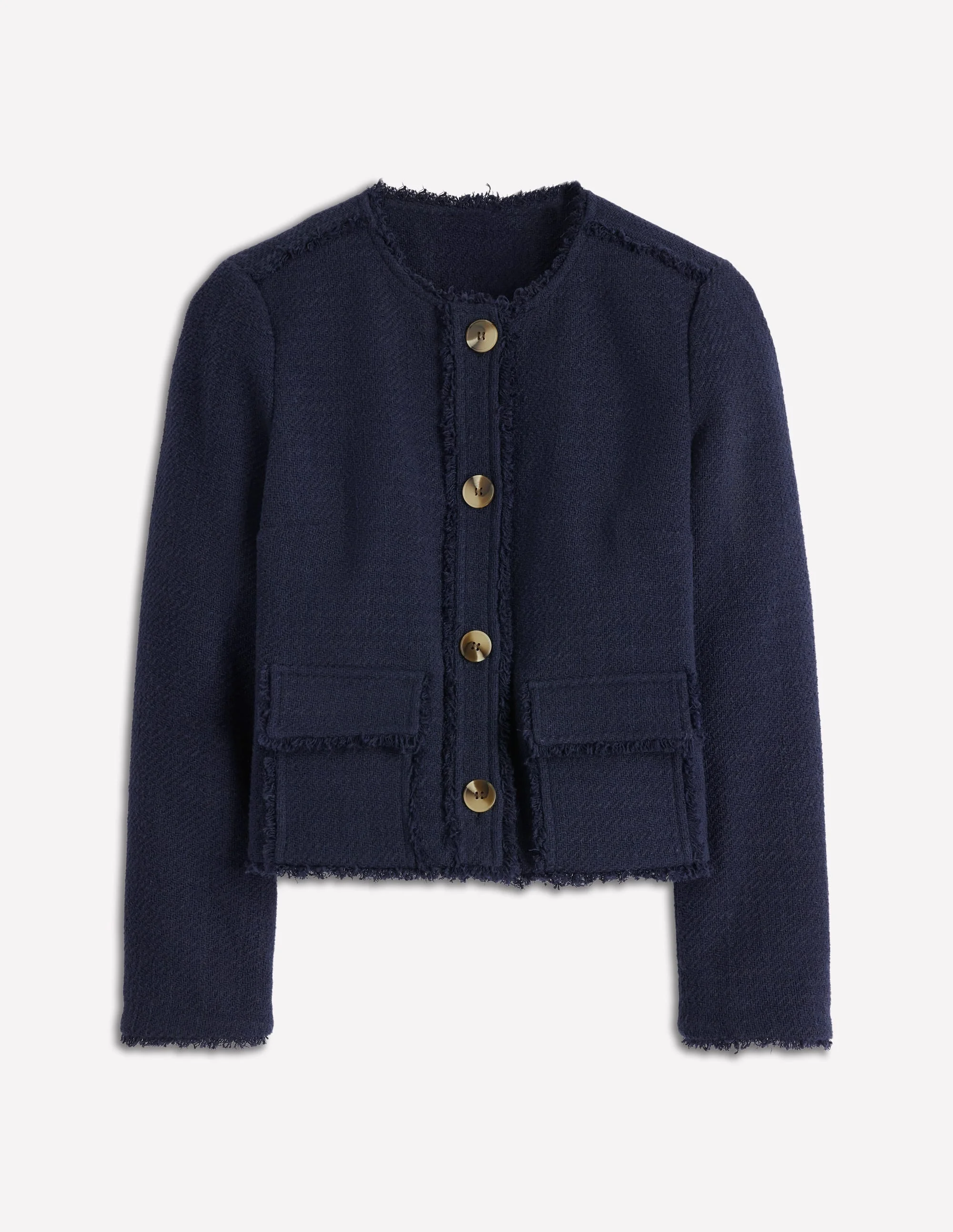 Collarless Textured Jacket-Navy - 1