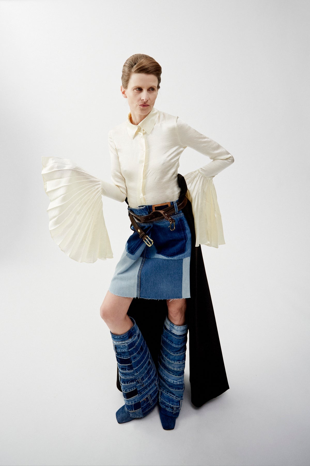 UPCYCLED DENIM SKIRT WITH PANT DETAIL BLUE - 10